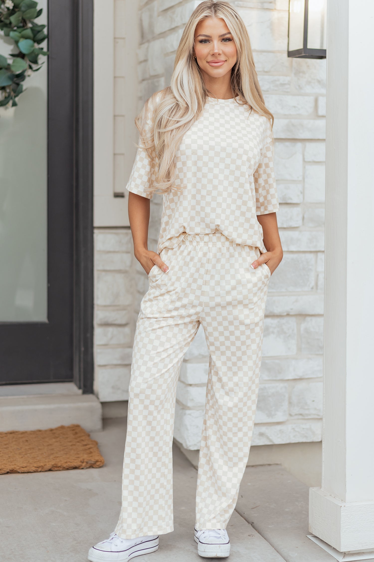 Checkered Print Half Sleeve Tee 2pcs Lounge Pant Set – Rose