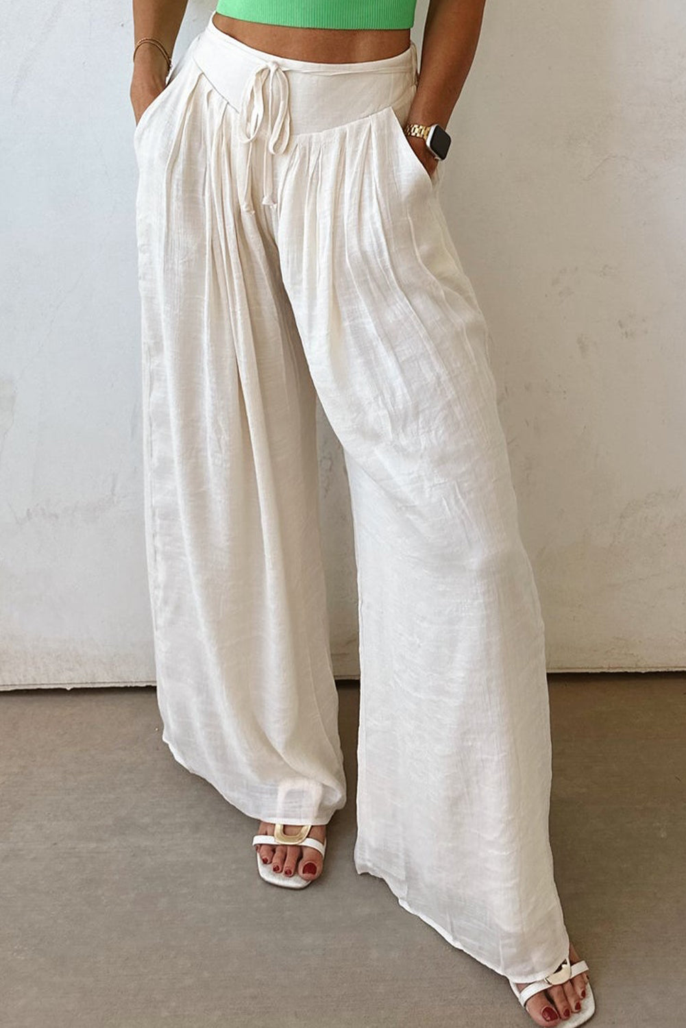 White Casual Tie Waist Pleated Wide Leg Pants BB Fashion Outlet