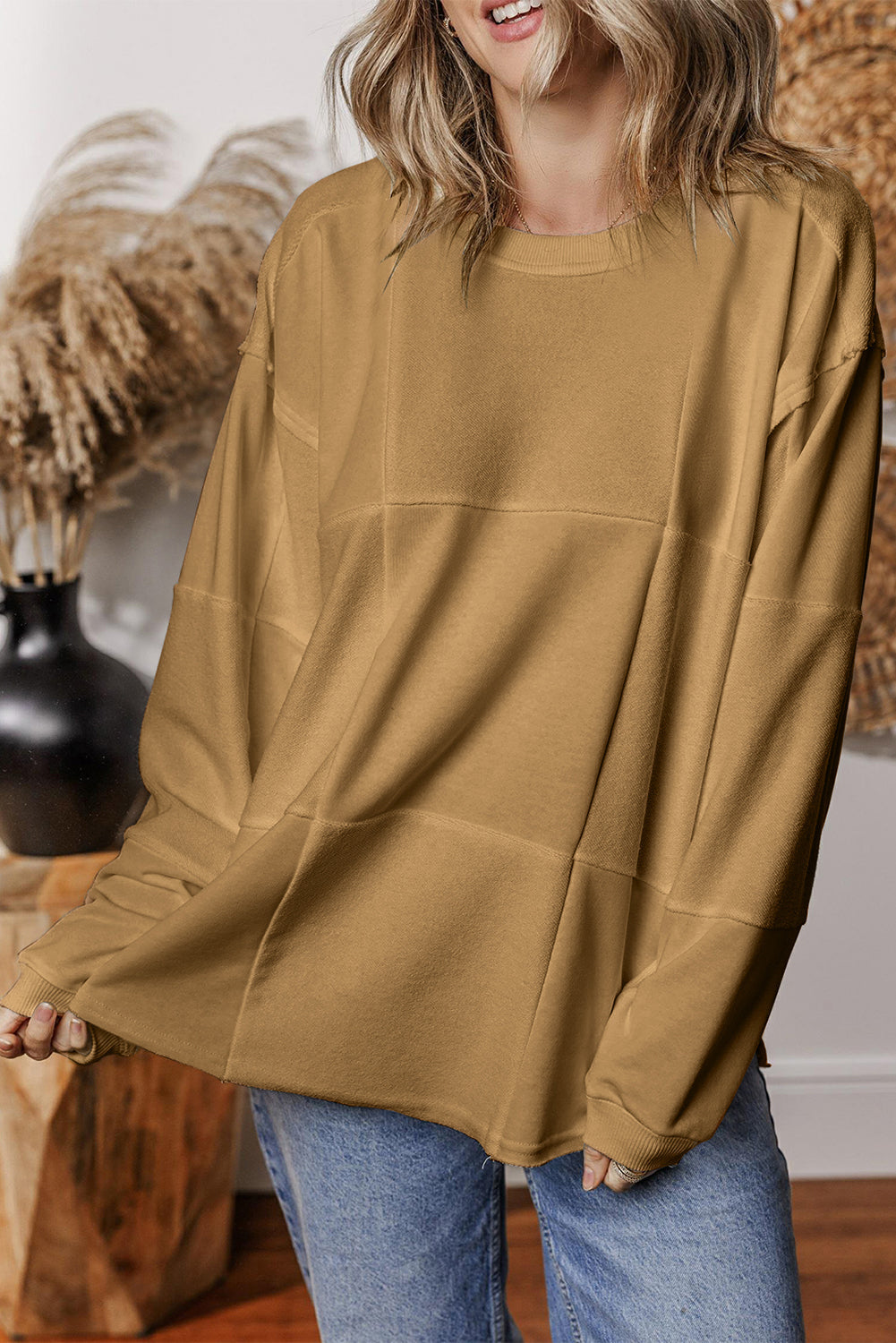 White Solid Colour Patchwork Drop Shoulder Baggy Sweatshirt eAura