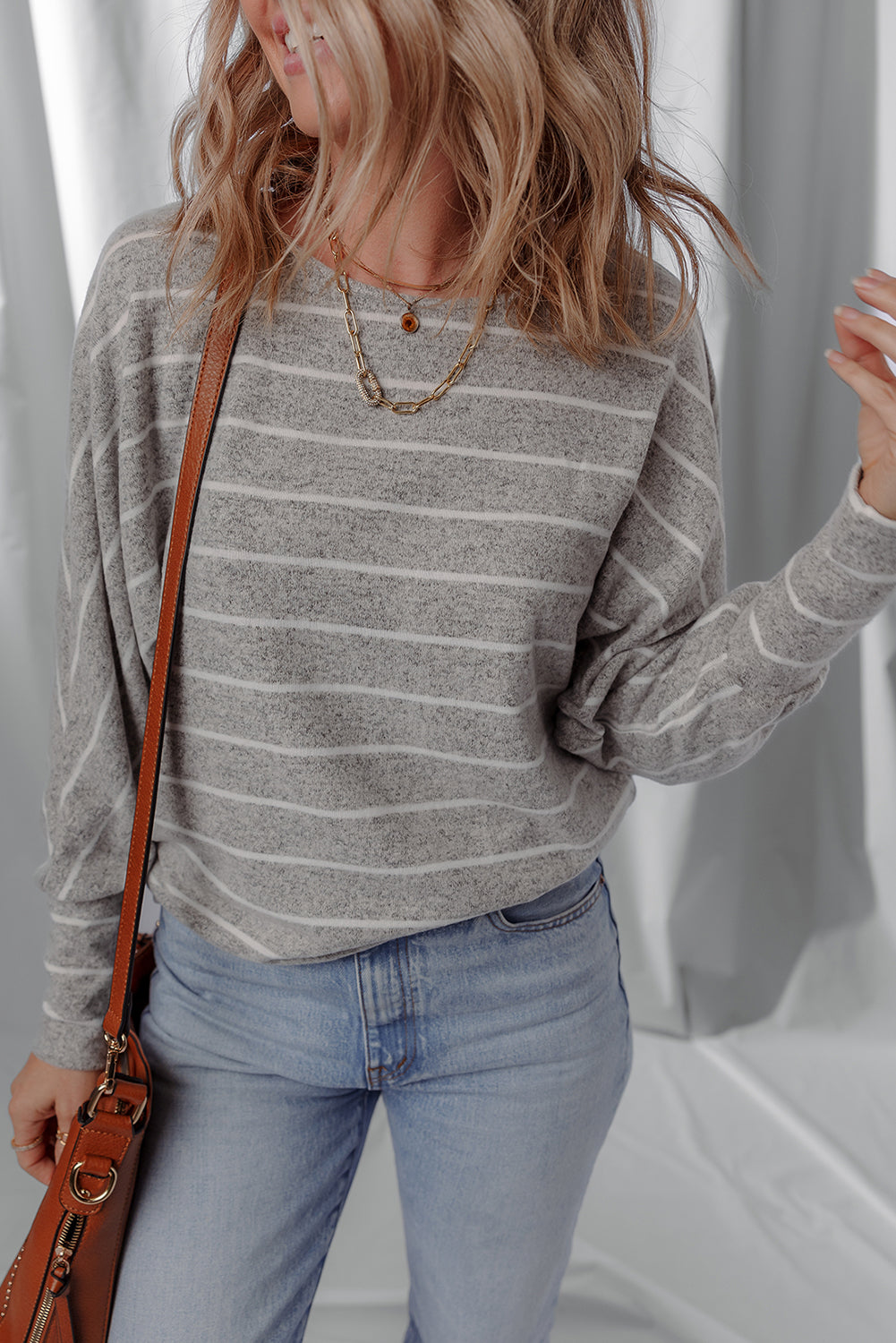 Grey Stripe Dolman Sleeve Drop Shoulder Top - eAura