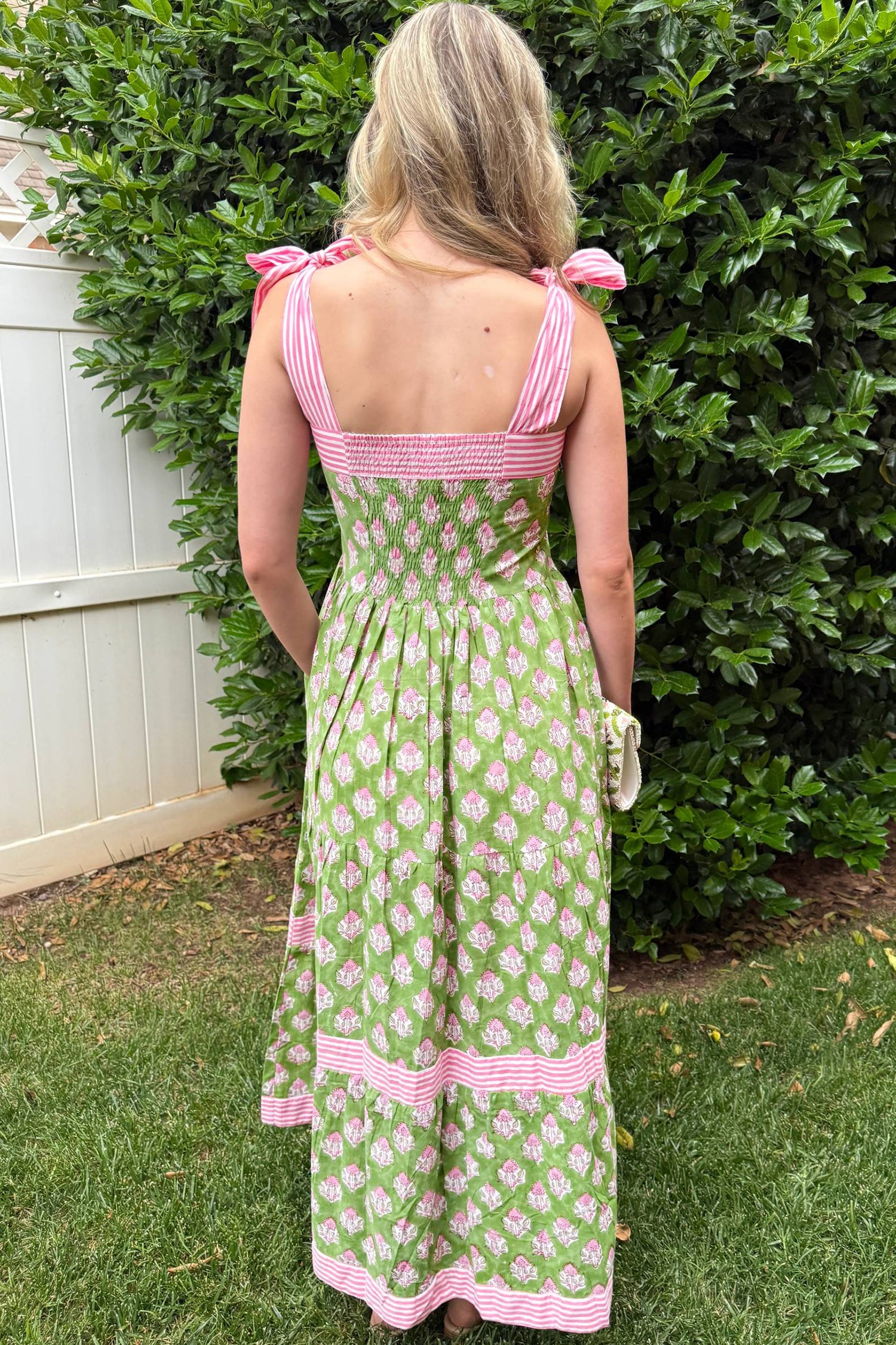 Floral Print Striped Knot Strap Maxi Dress – Green