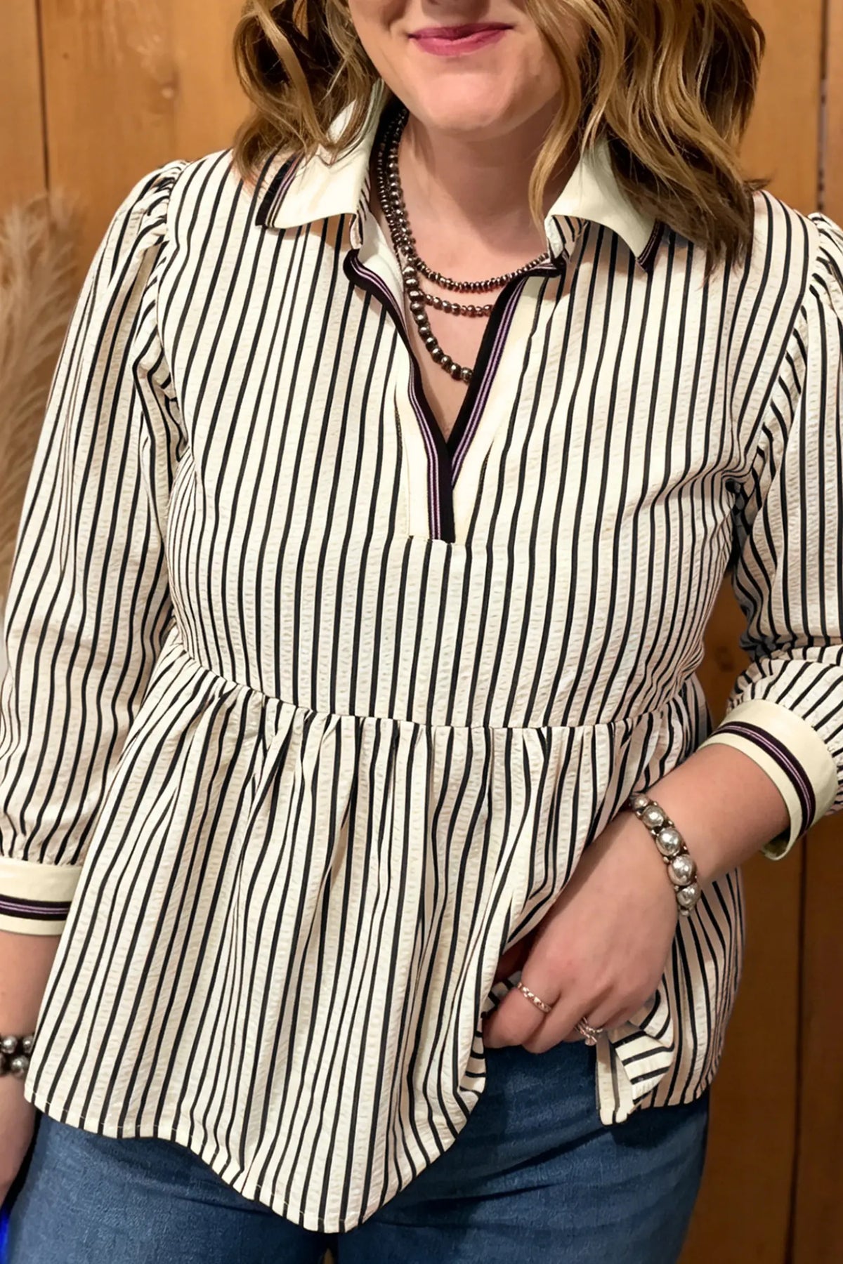 Patchwork Striped V Neck Tunic Plus Size Blouse – Black Stripe