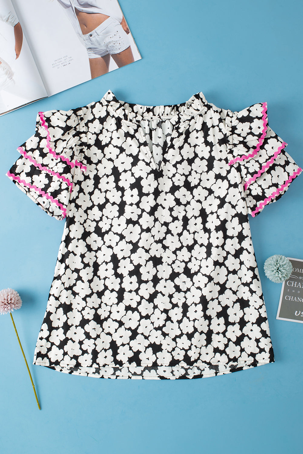 Black Floral Contrast Ric Rac Layered Ruffle Sleeve Blouse eAura