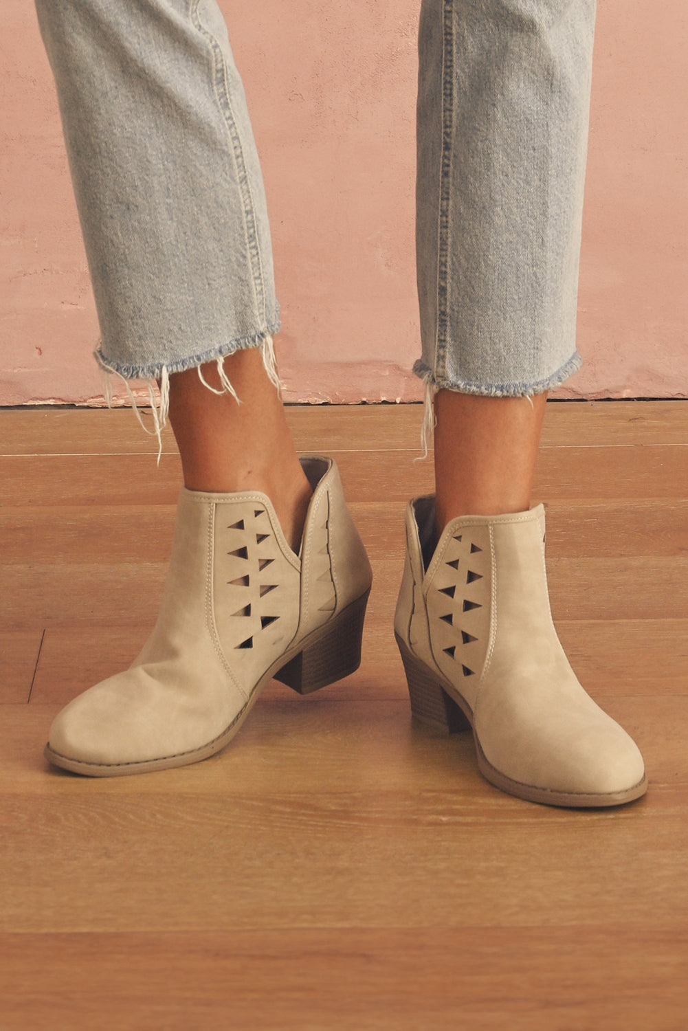 Parchment Cut Out Suede Pointed Toe Heeled Ankle Boots - eAura