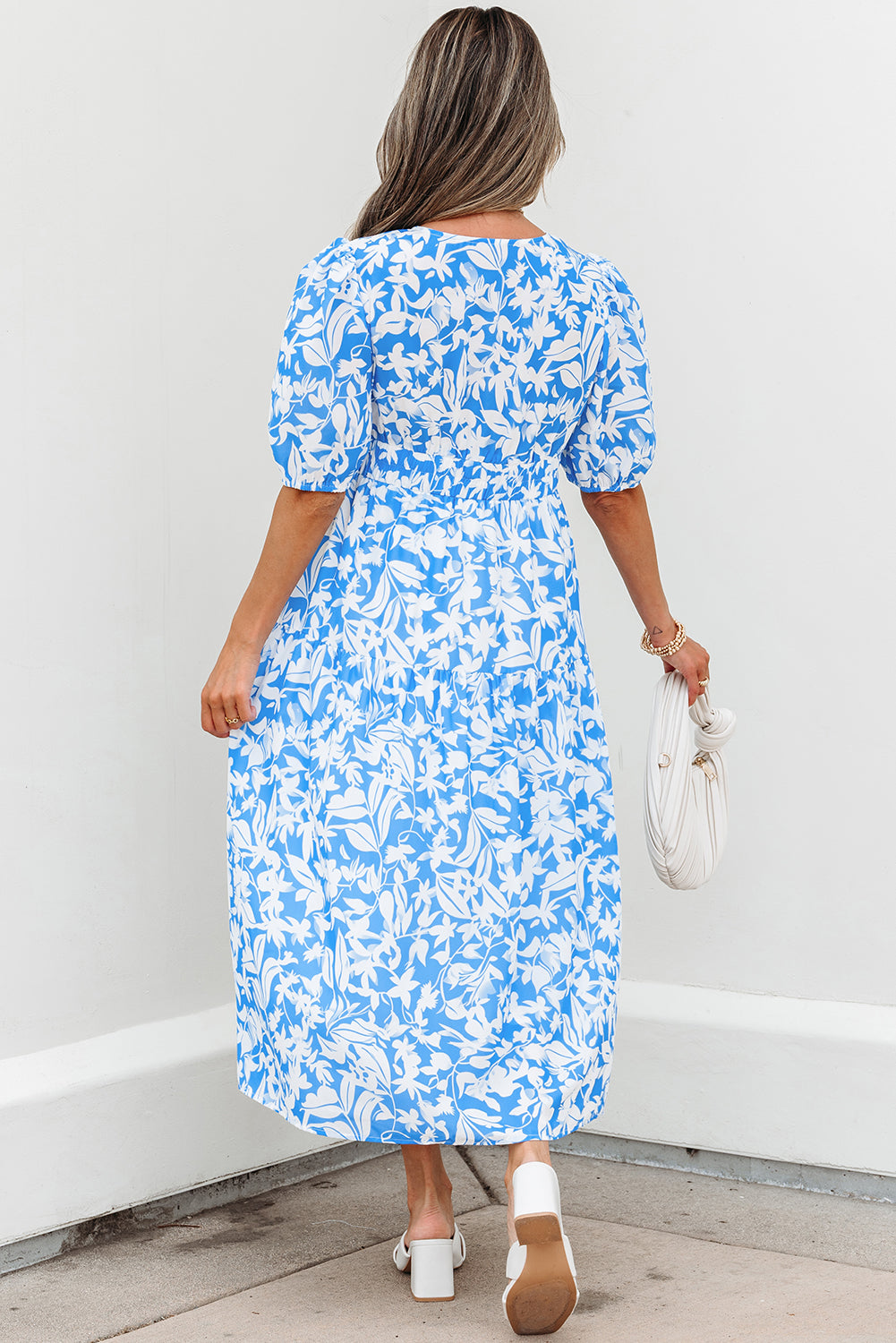 Sky Blue Floral V Neck Puff Short Sleeve Flowy Long Dress eAura