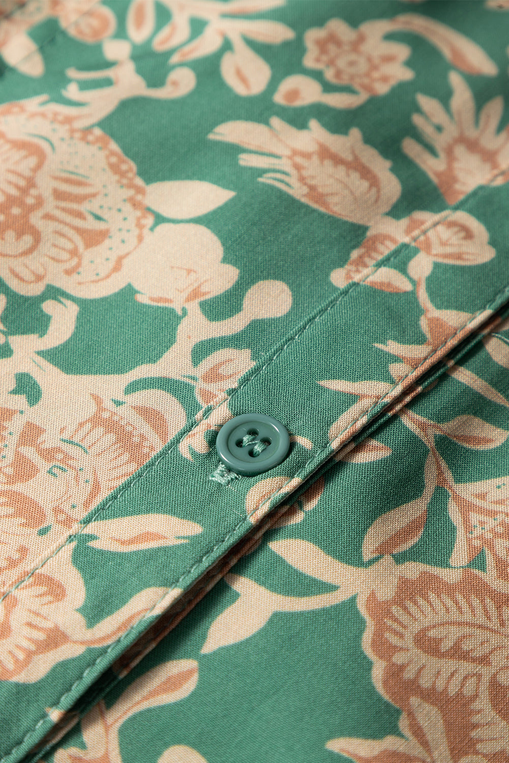 Green Floral Print Pleated Buttoned V Neck Short Sleeve Blouse eAura