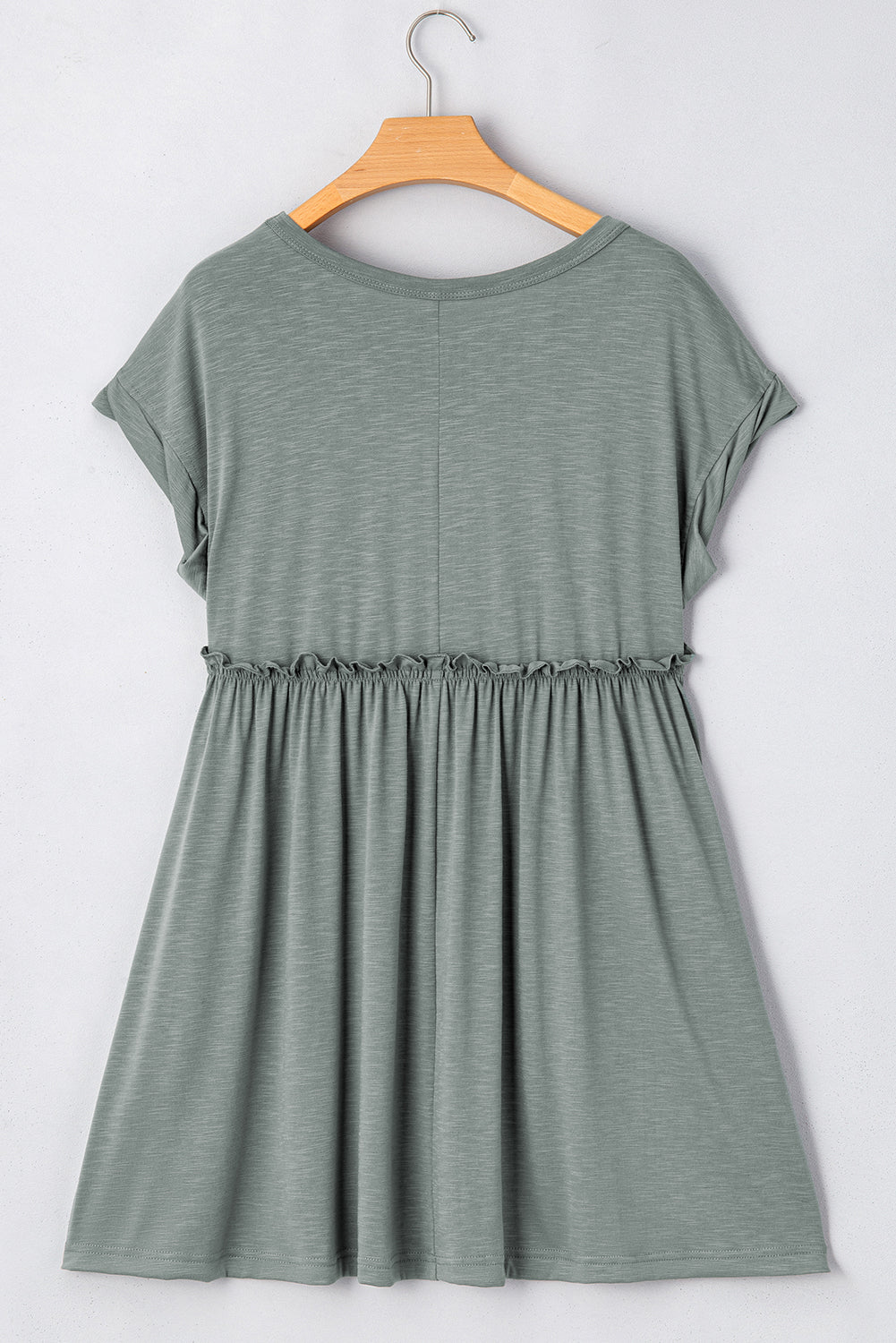 Mist Green Frilled Gathered Seam Round Neck T Shirt Dress eAura