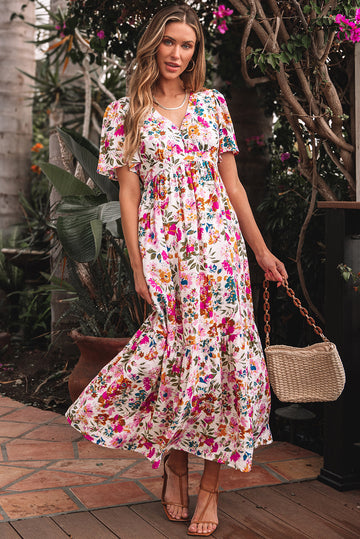 Red Floral Short Sleeve V Neck High Waist Maxi Dress BB Fashion Outlet