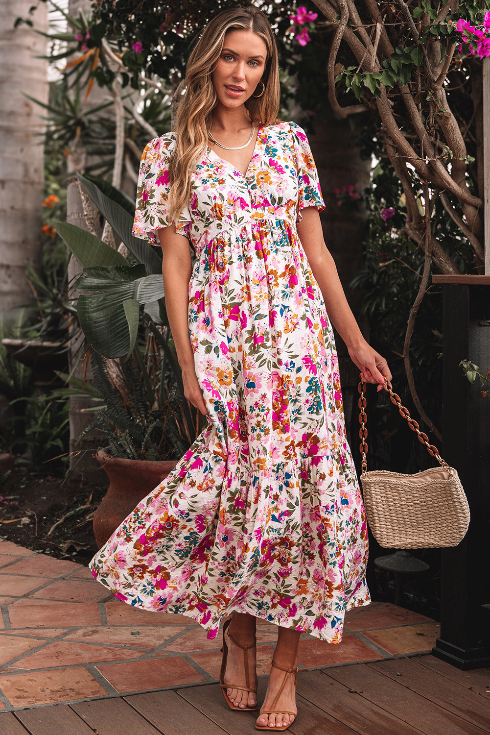 Red Floral Short Sleeve V Neck High Waist Maxi Dress eAura