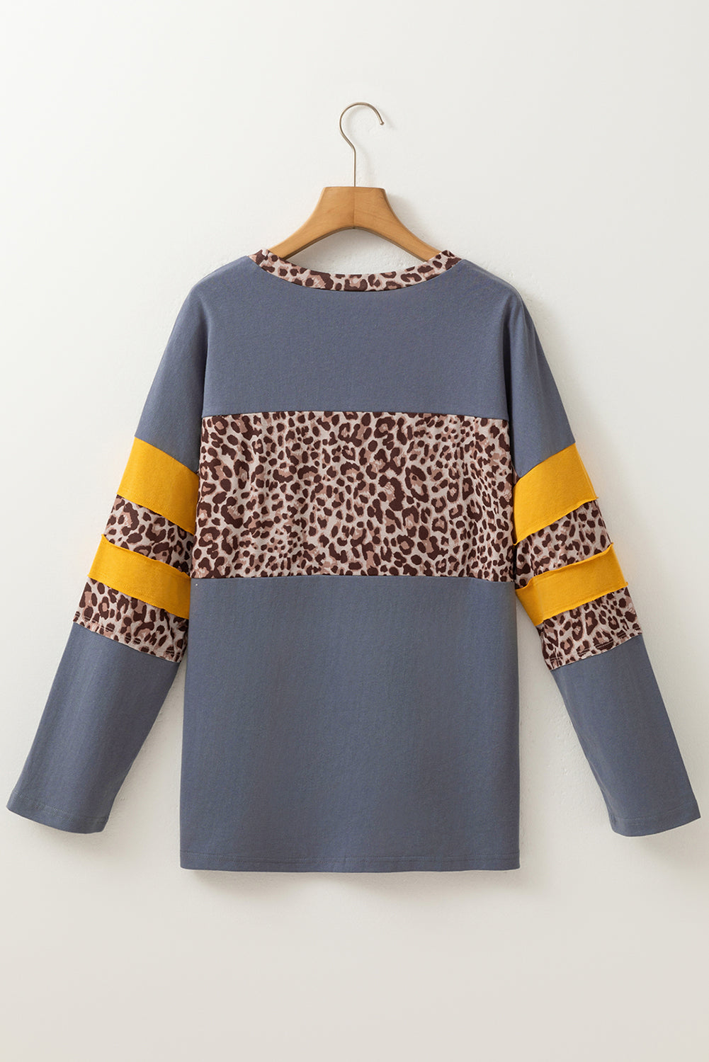 Dark Blue Leopard Colorblock Patchwork Long Sleeve Drop Shoulder Top - eAura