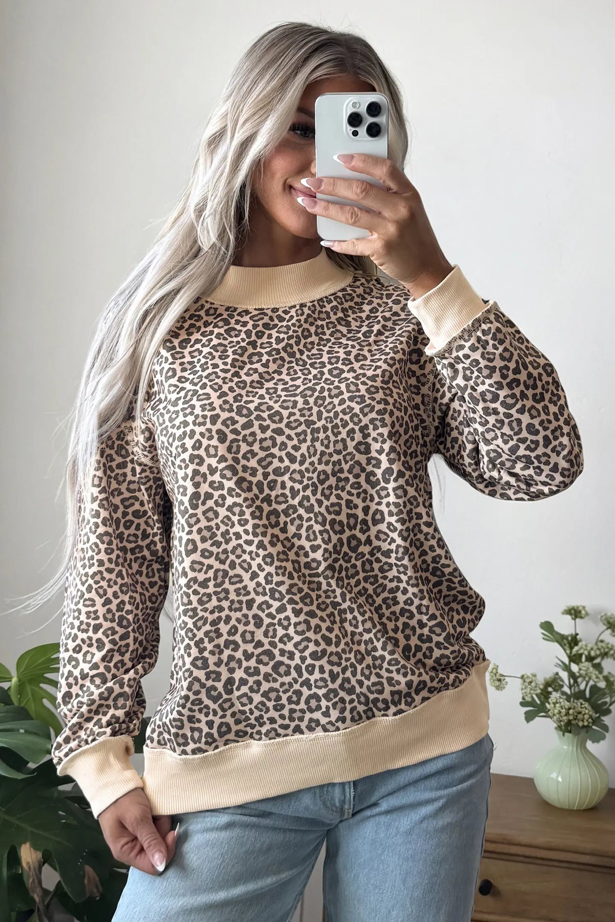 Leopard Print High Neck Long Sleeve Ribbed Cuffs Hem Sweatshirt – Multicolour