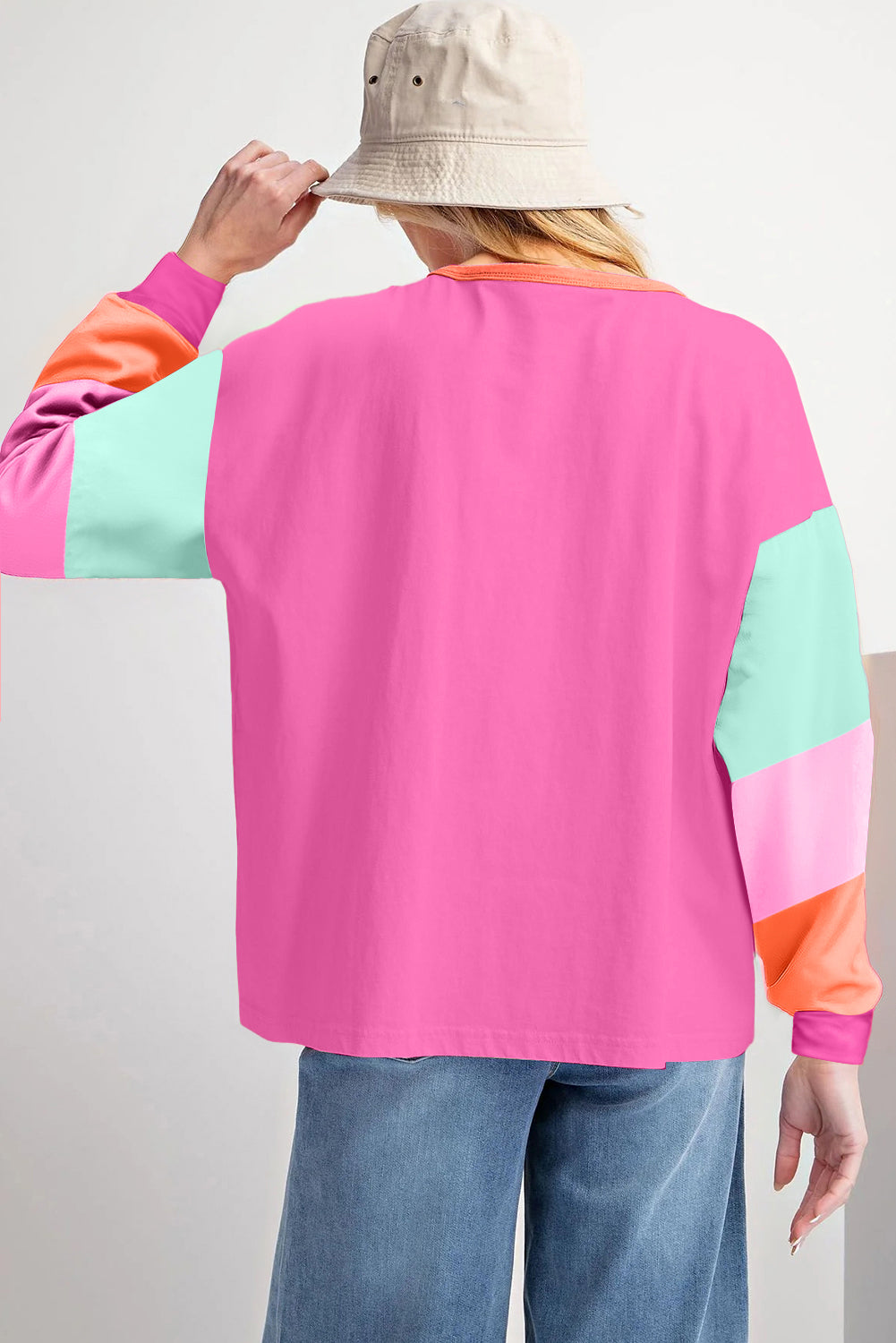Dark Blue Colourblock Patchwork Long Sleeve Loose Top eAura