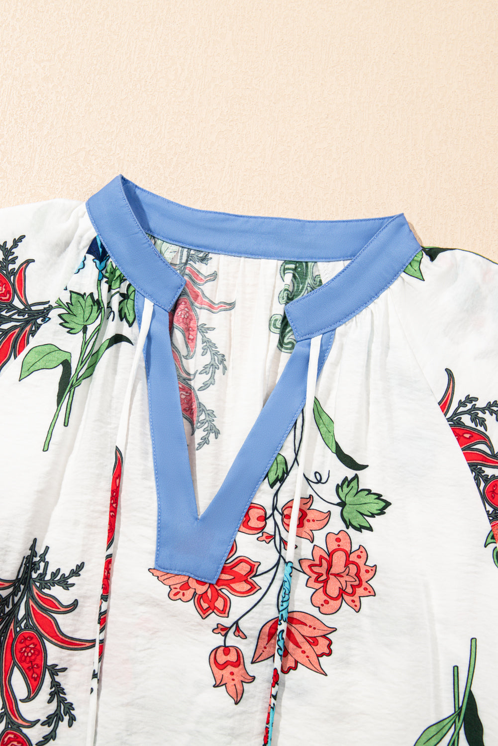 White Floral Print Contrast V Neck Tassel Tie Lace Detail Short Sleeve Blouse eAura