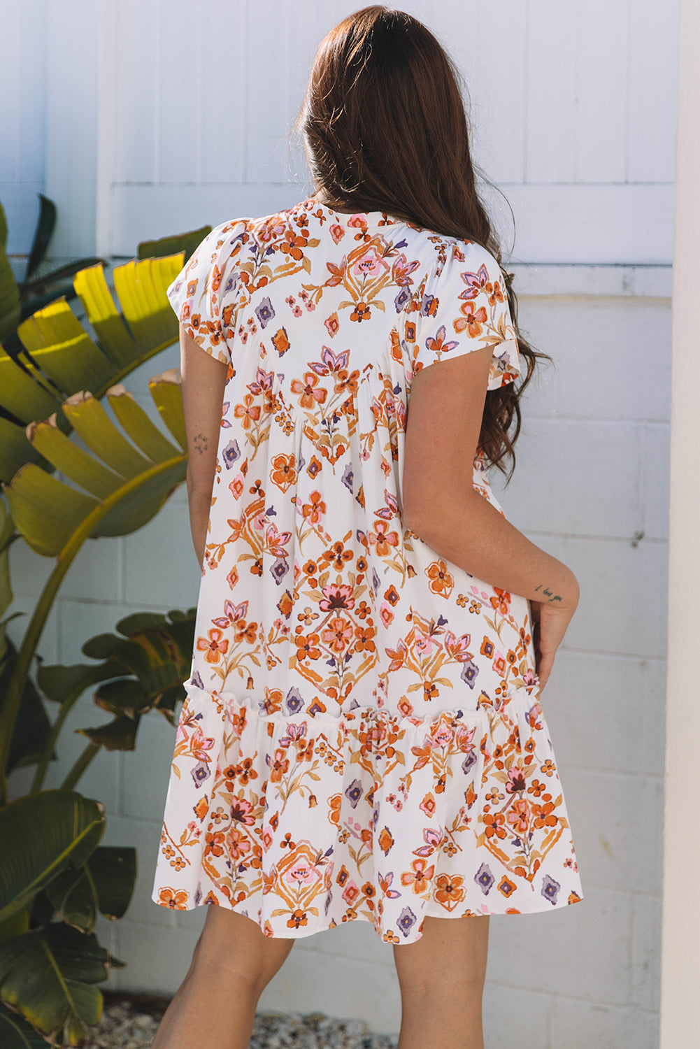 Apricot Floral Geometric Print Ruffled Trim Flutter Sleeve Mini Dress eAura