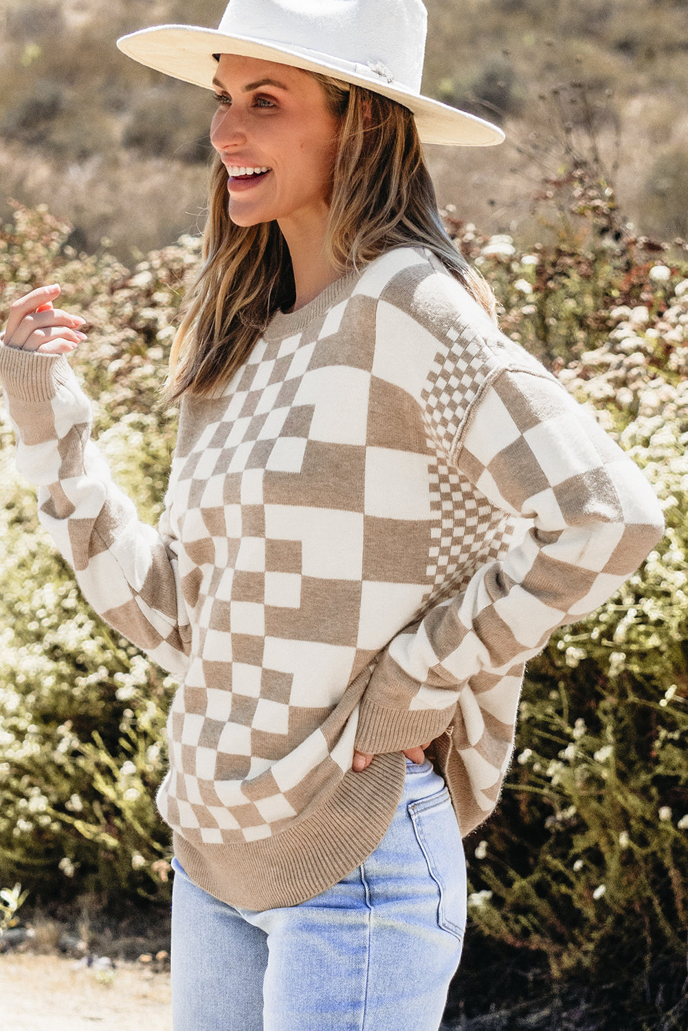 Khaki Checkered Print Drop Shoulder Round Neck Sweater eAura