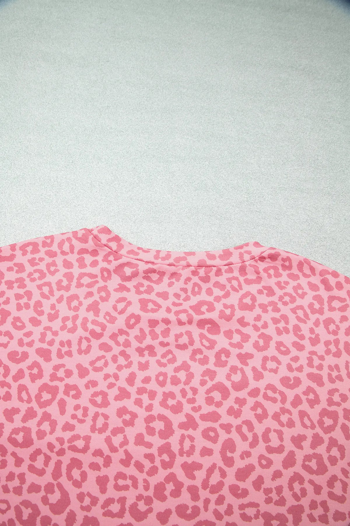 Leopard Print Varsity Striped Detail 3/4 Sleeve Top Shift Pant Set – Pink