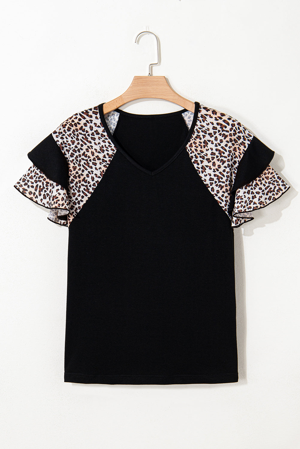 Black Leopard Print Patchwork Ruffled Sleeve V-Neck T-Shirt - eAura