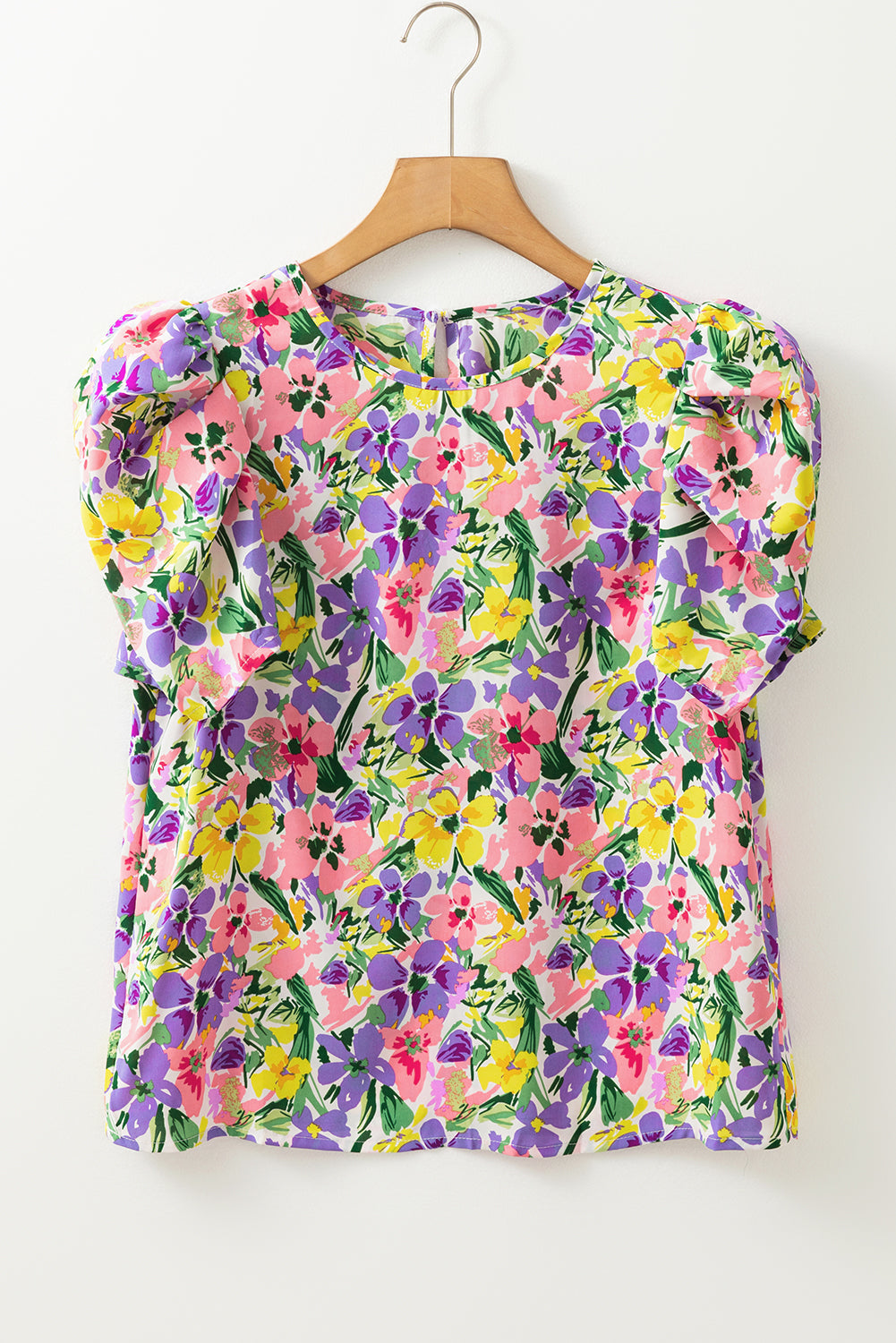Purple Floral Print Puff Short Sleeve Crew Neck Blouse eAura