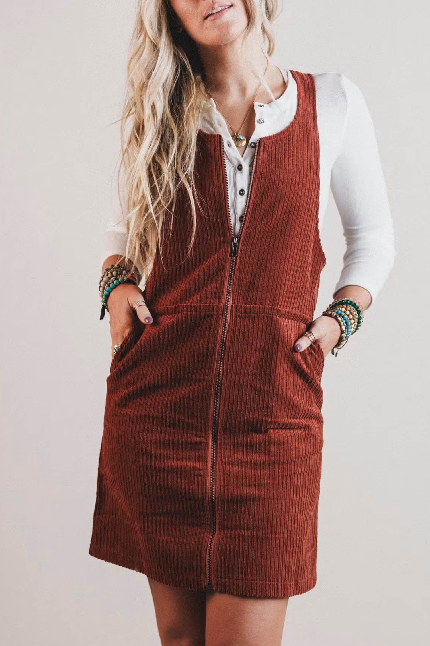 Ribbed Corduroy Zip-Up Sleeveless Pocket Sheath Dress – Clay