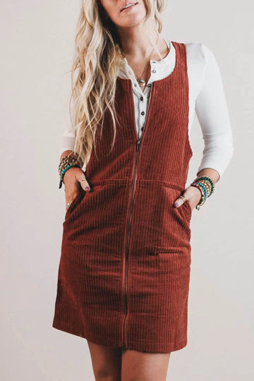 Ribbed Ribbed Zip-Up Sleeveless Pocket Sheath Dress – Clay