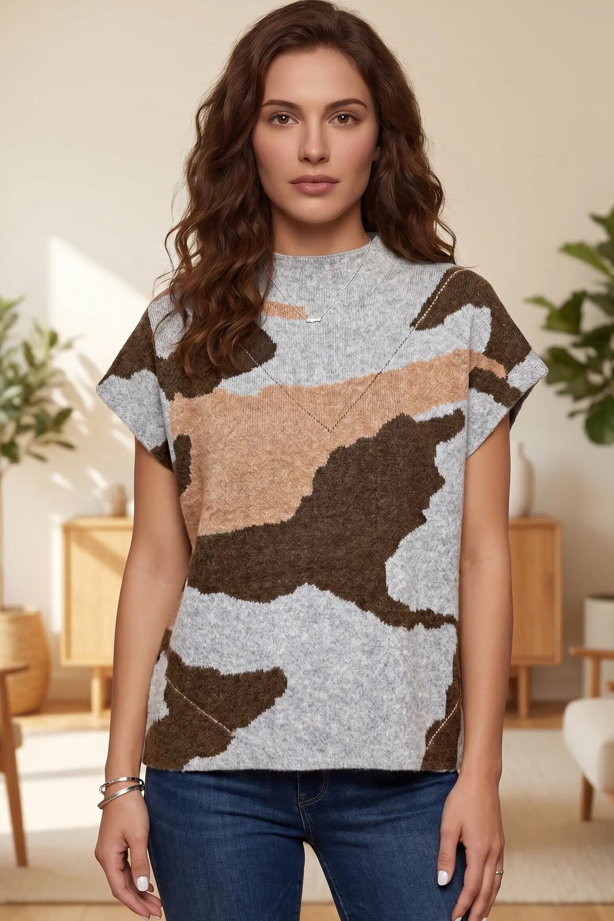 Camouflage Pattern Drop Shoulder High Neck Short Sleeve Shift Sweater – Grey