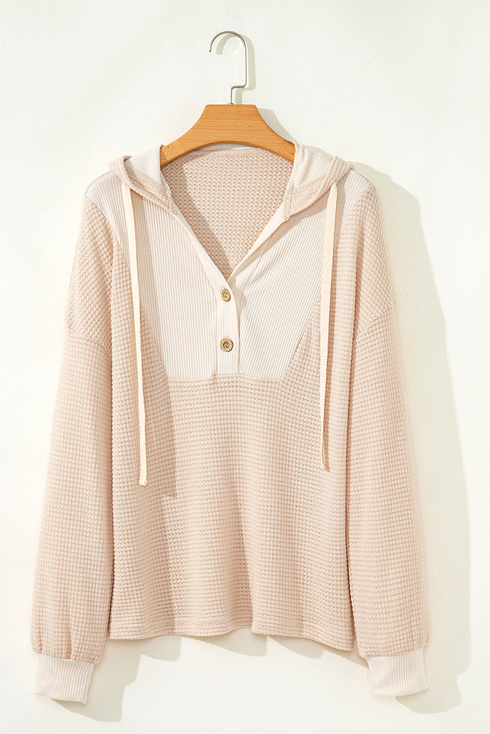 Waffle Patchwork Drop Shoulder Hooded Long Sleeve Top - eAura