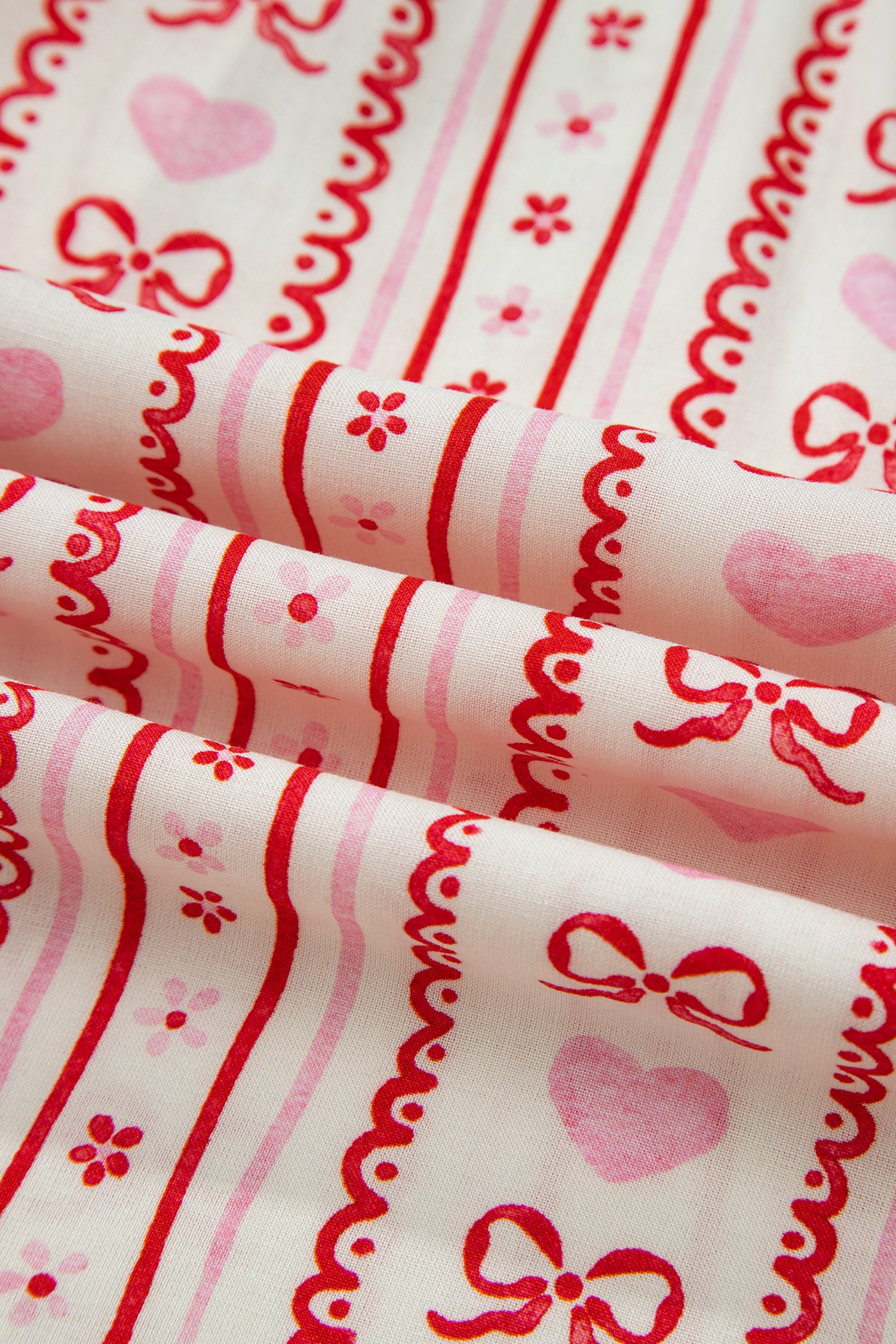 Sweet Floral Heart Bow Print Contrast Trim Long Sleeve Shirt Pajama Short Set – Red