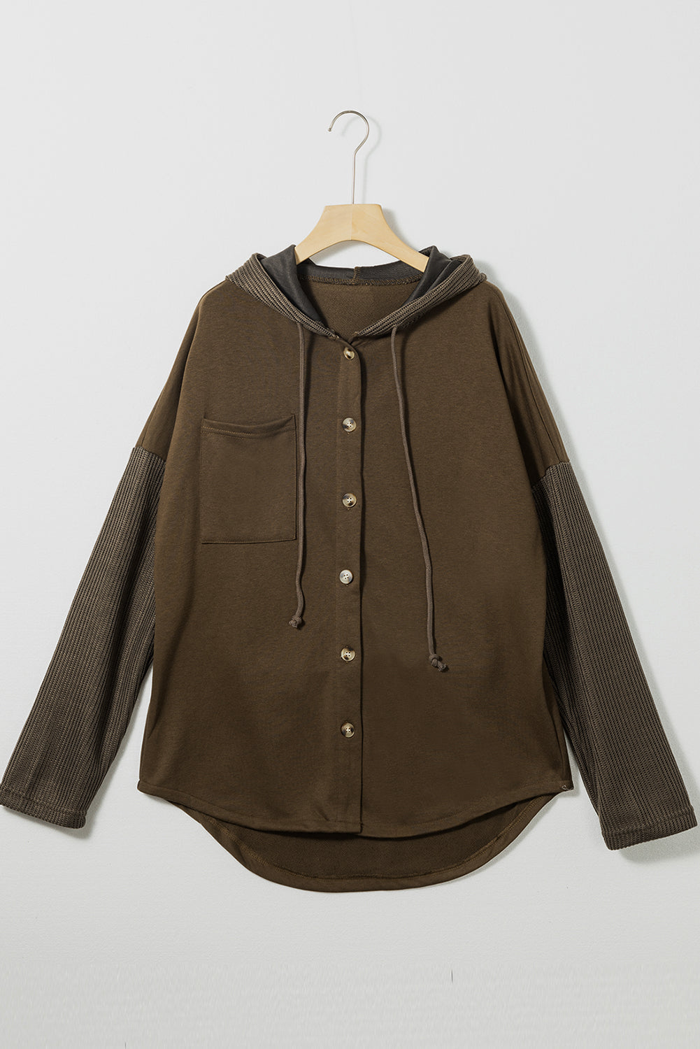 Grey Button Up Contrast Knitted Sleeves Hooded Jacket Beagle Boutique Fashion Outlet