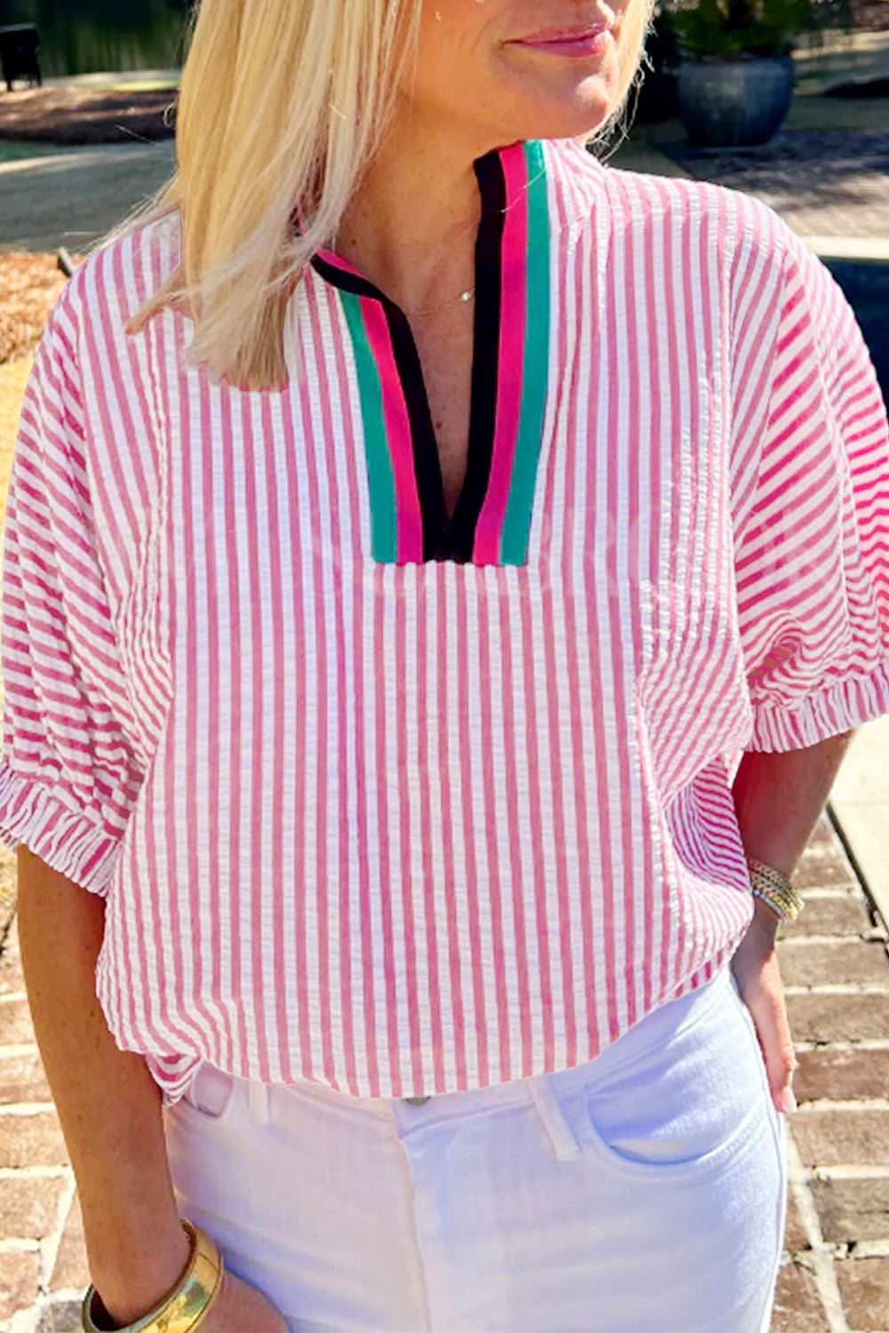 Striped Print Contrast Split Neck Dolman Sleeve Blouse eAura