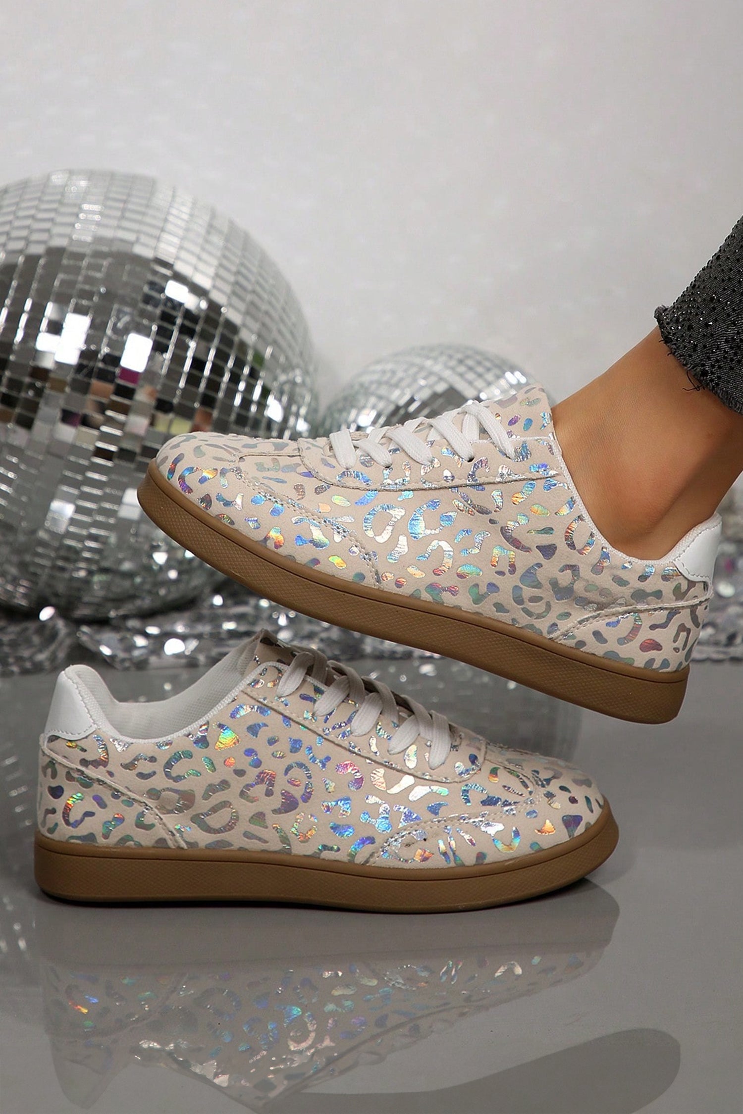 Leopard Print Lace-Up Trainers – White
