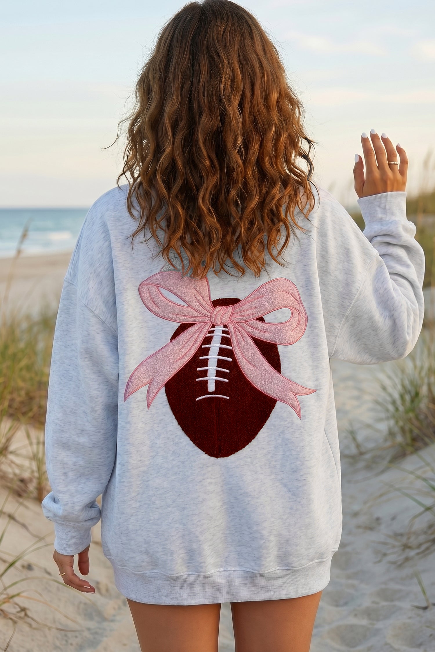 Embroidered Football Bow Back Long Sleeve Sweatshirt – Light Grey