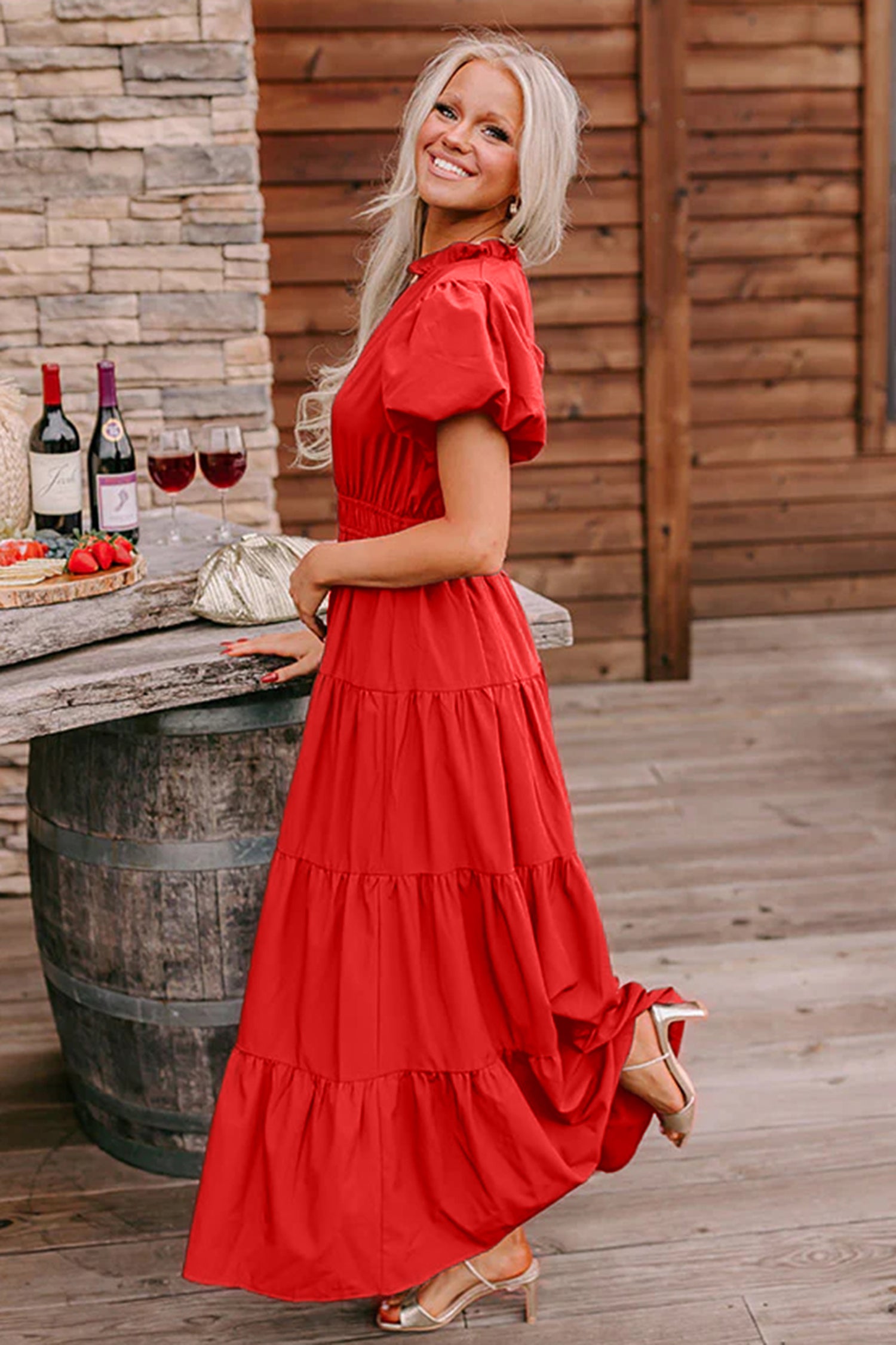 V-Neck Short Puff Sleeve Tiered Maxi Dress