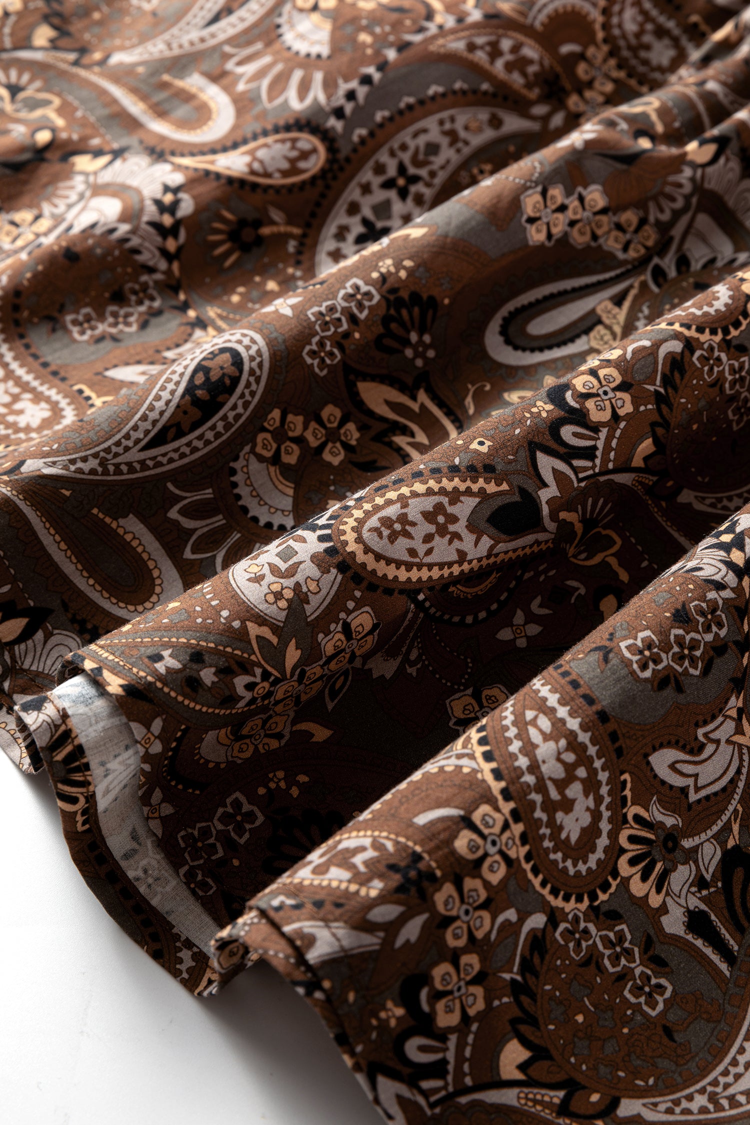 Brown Paisley Print Half Buttons Puff Sleeve Flowy Short Dress