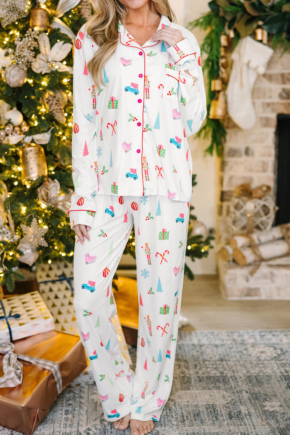 White Christmas Print Shirt and Pants Pyjamas - eAura