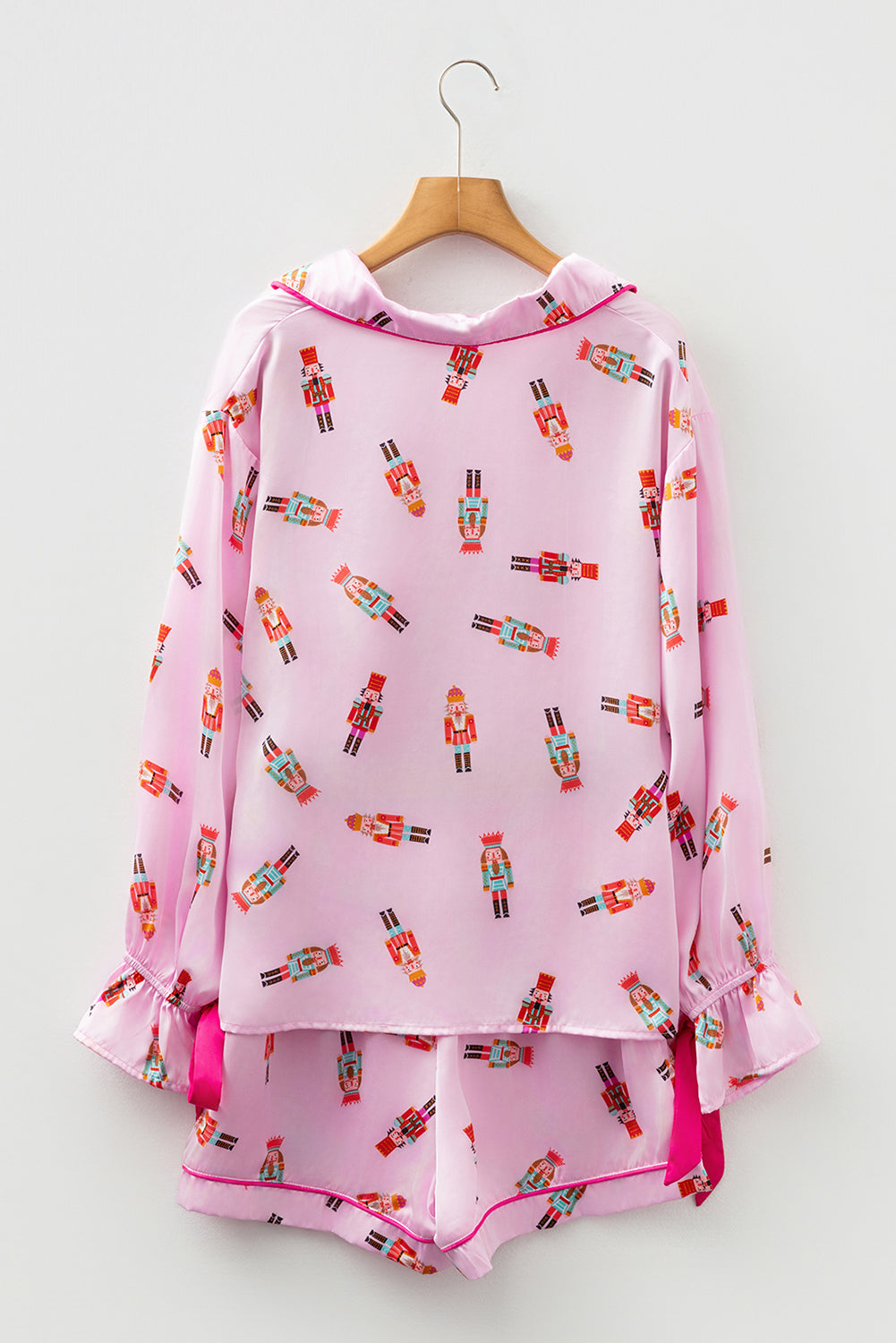 Nutcracker Print Contrast Trim Tied up Bow Silky 2pcs Pajama Set - eAura