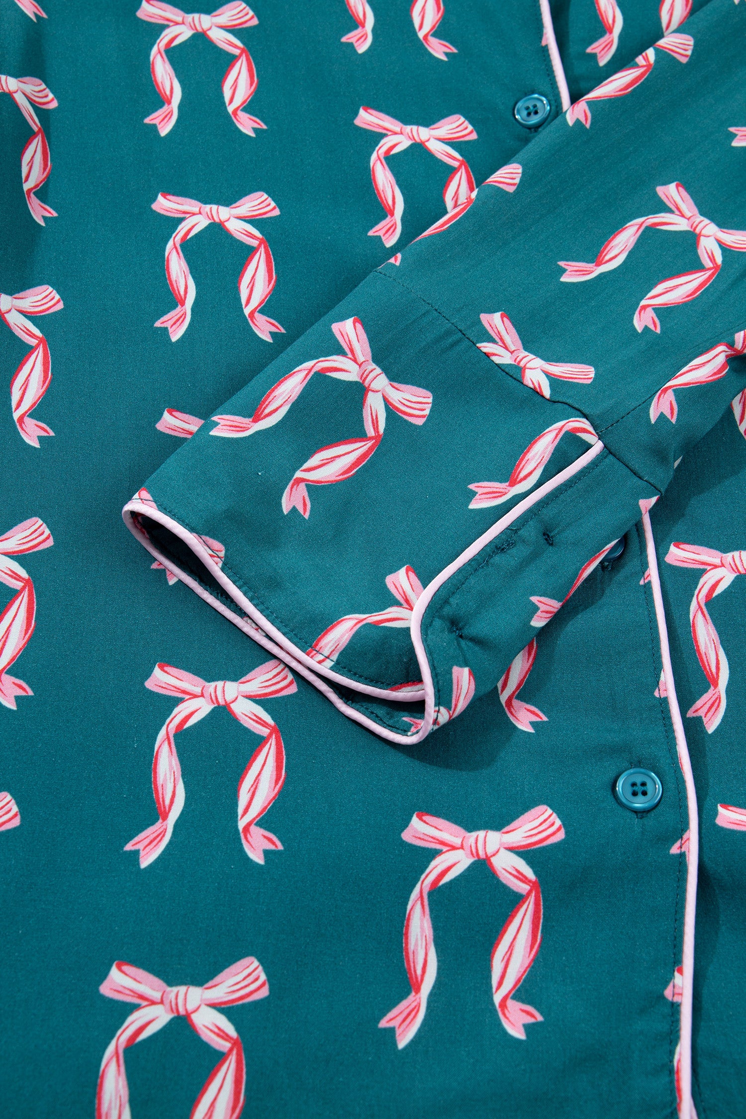 Green Ribbon Bow Print Long Sleeve Shirt and Shorts Pyjama Set - Loungewear & Sleepwear/Sleepwear