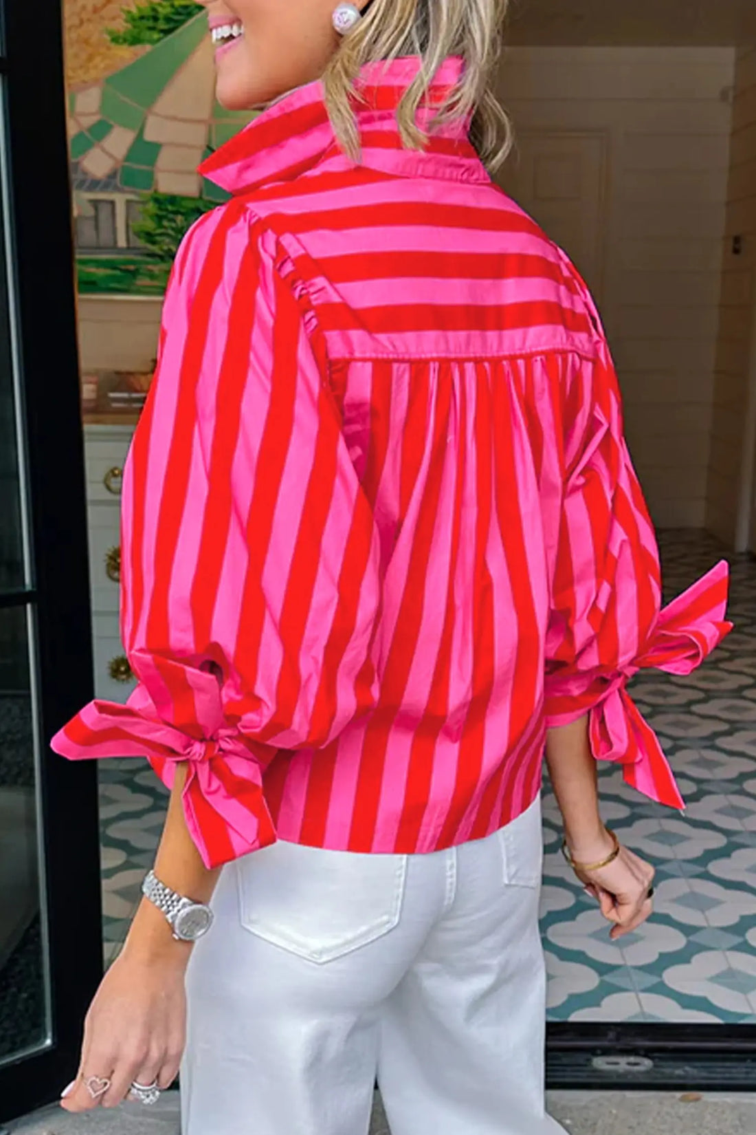 Striped Tie Puff Sleeve Button-Down Shirt