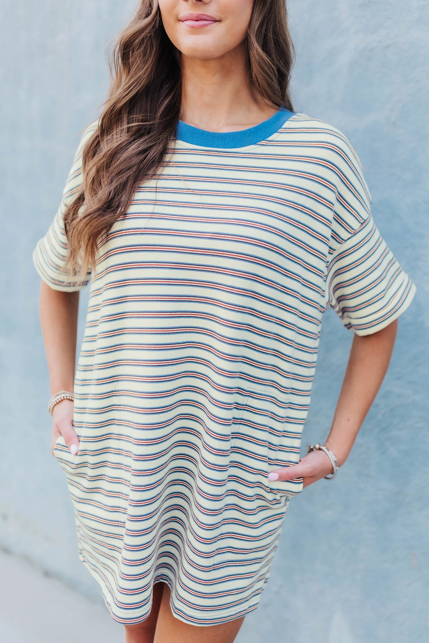 Stripe Drop Shoulder Cuffed Sleeve Loose Tunic T-Shirt Mini Dress