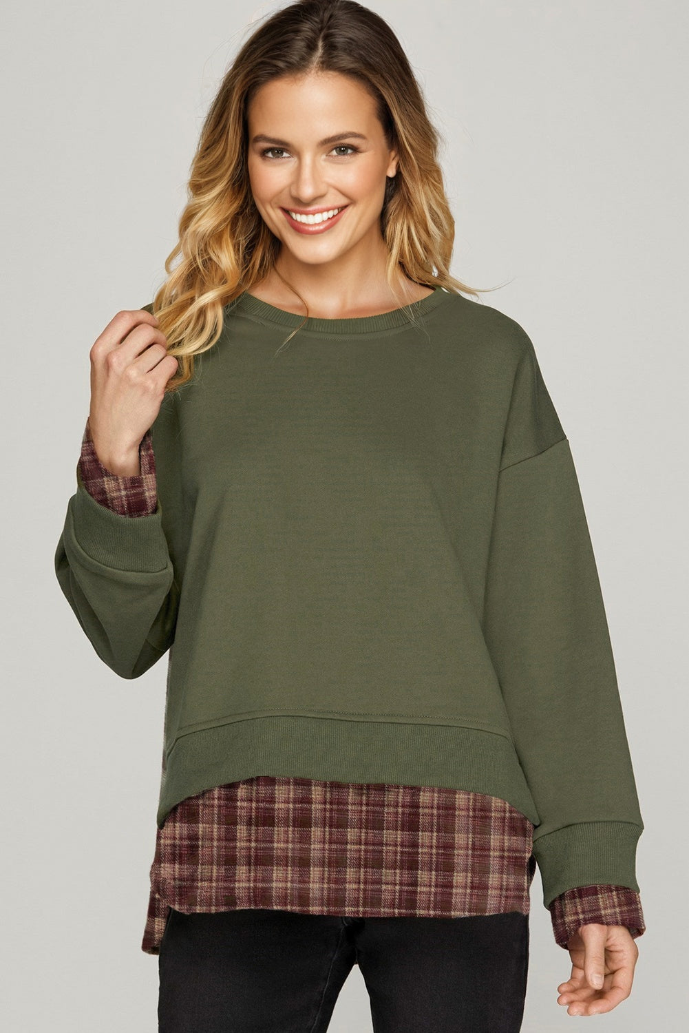 Green Plaid Patchwork Drop Shoulder Sweatshirt - eAura