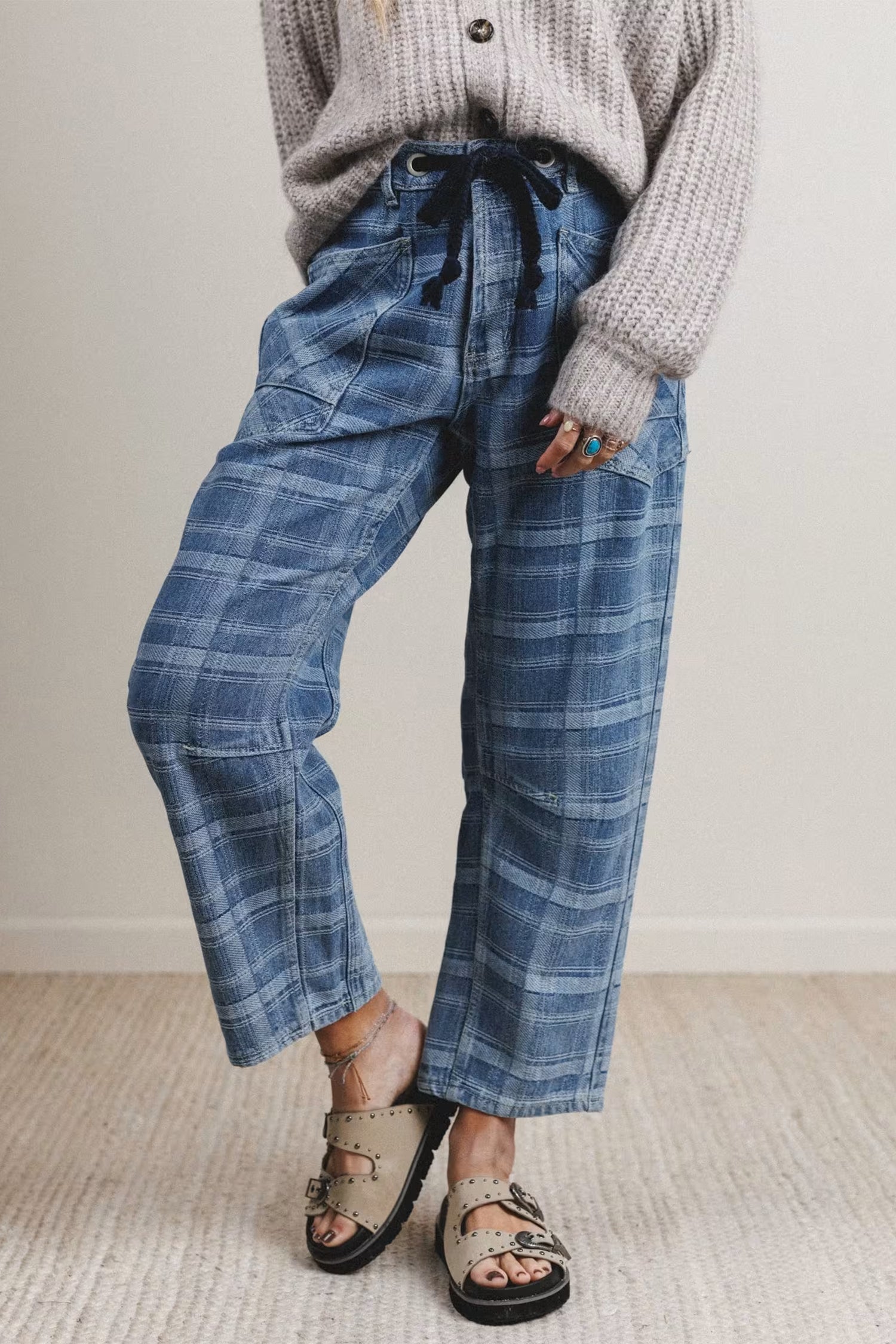Sky Blue Plaid Denim Grommet Drawstring Waist Ankle-Length Jeans – Light Blue
