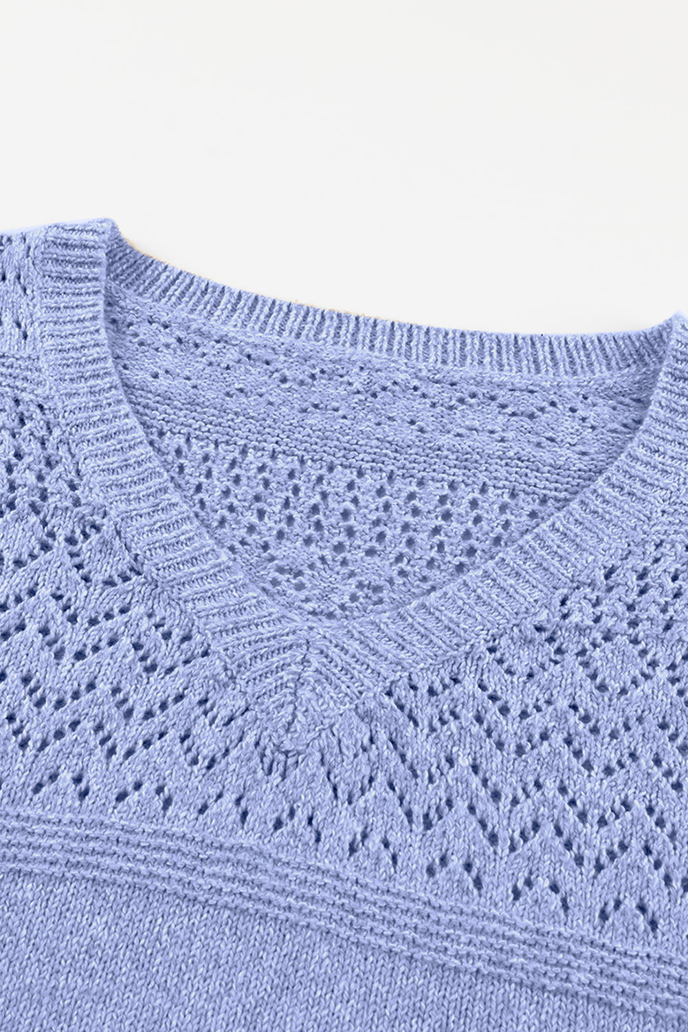 Sky Blue Eyelet Pattern Detail V Neck Drop Shoulder Sweater eAura