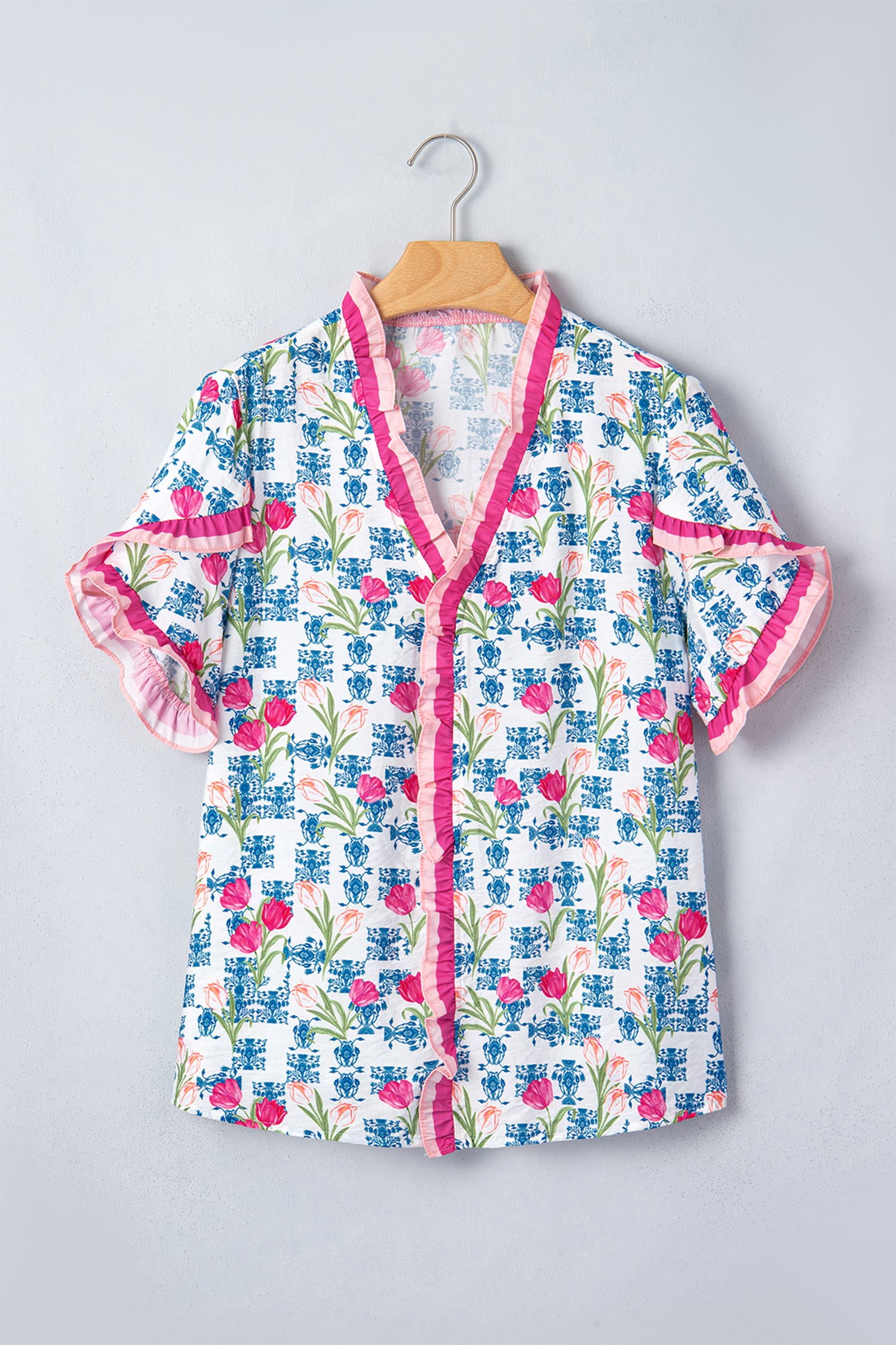 Floral Print Ruffle V-Neck Short Sleeve Loose Tunic Shirt – Rose