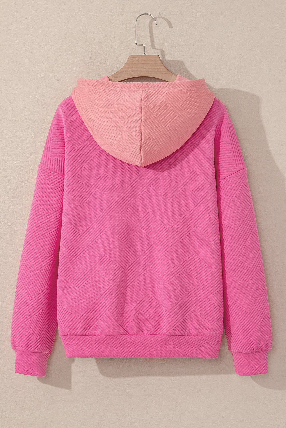 Pink Textured Colour Block Kangaroo Pocket Drop Shoulder Hoodie eAura