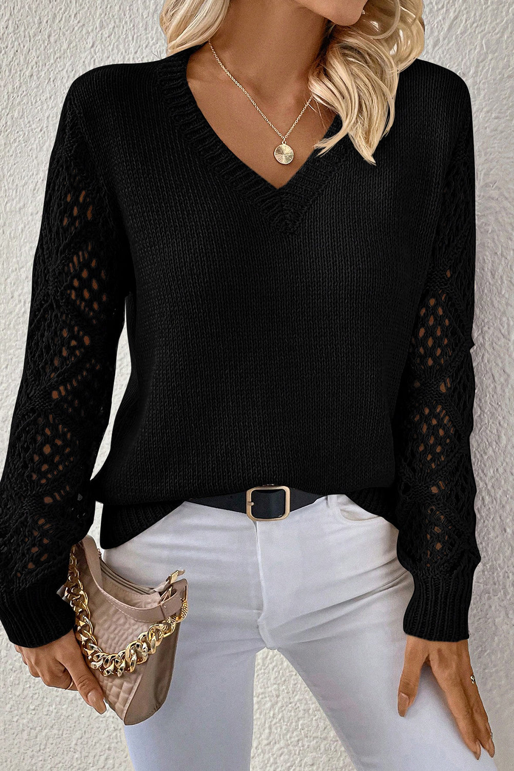 V-Neck Pointelle Knit Sleeve Sweater - Black / S - Sweaters & Cardigans/Sweaters
