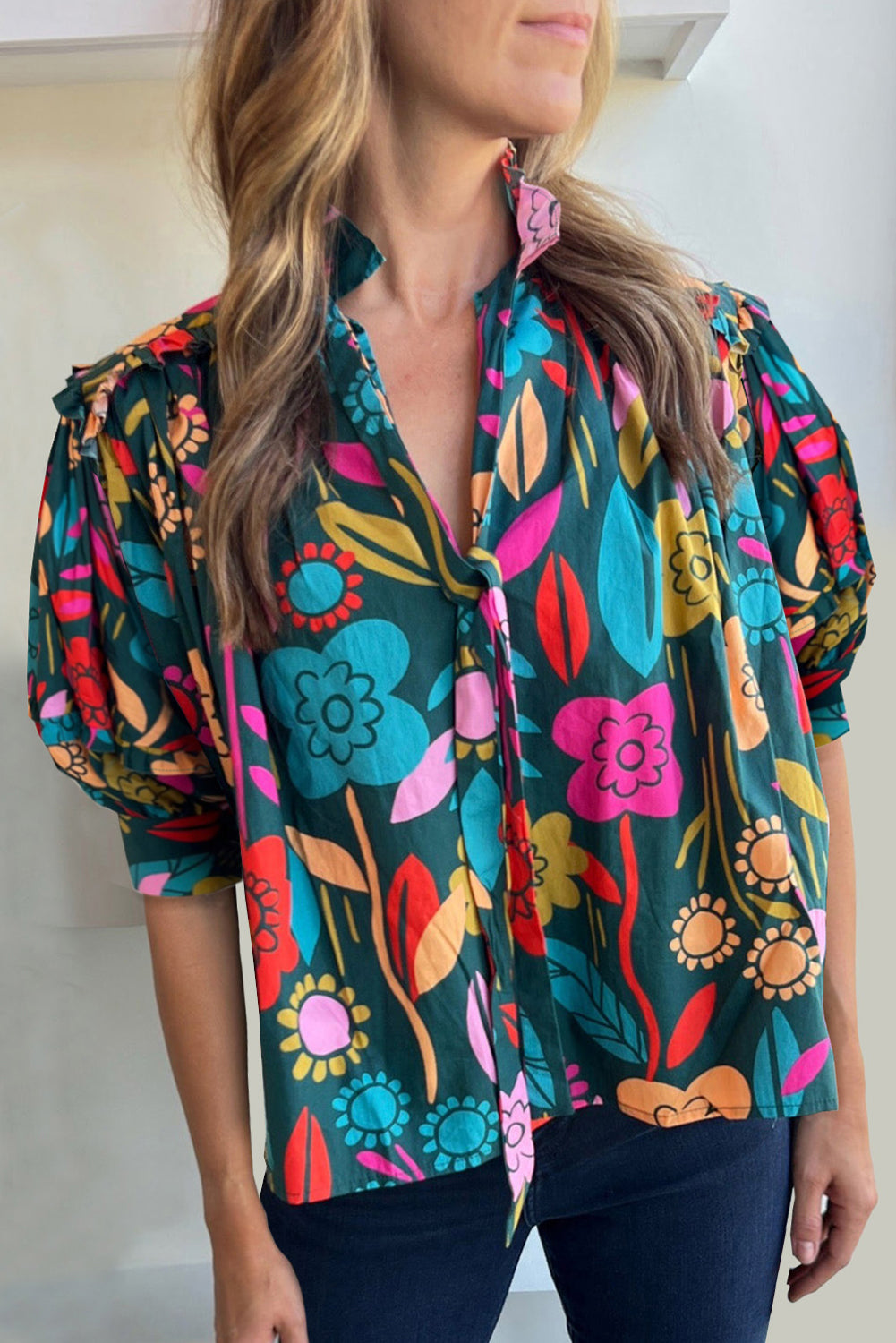 Green Floral Print Puff Sleeve Tied V Neck Blouse eAura