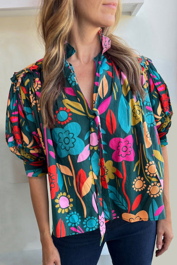 Green Floral Print Puff Sleeve Tied V Neck Blouse eAura