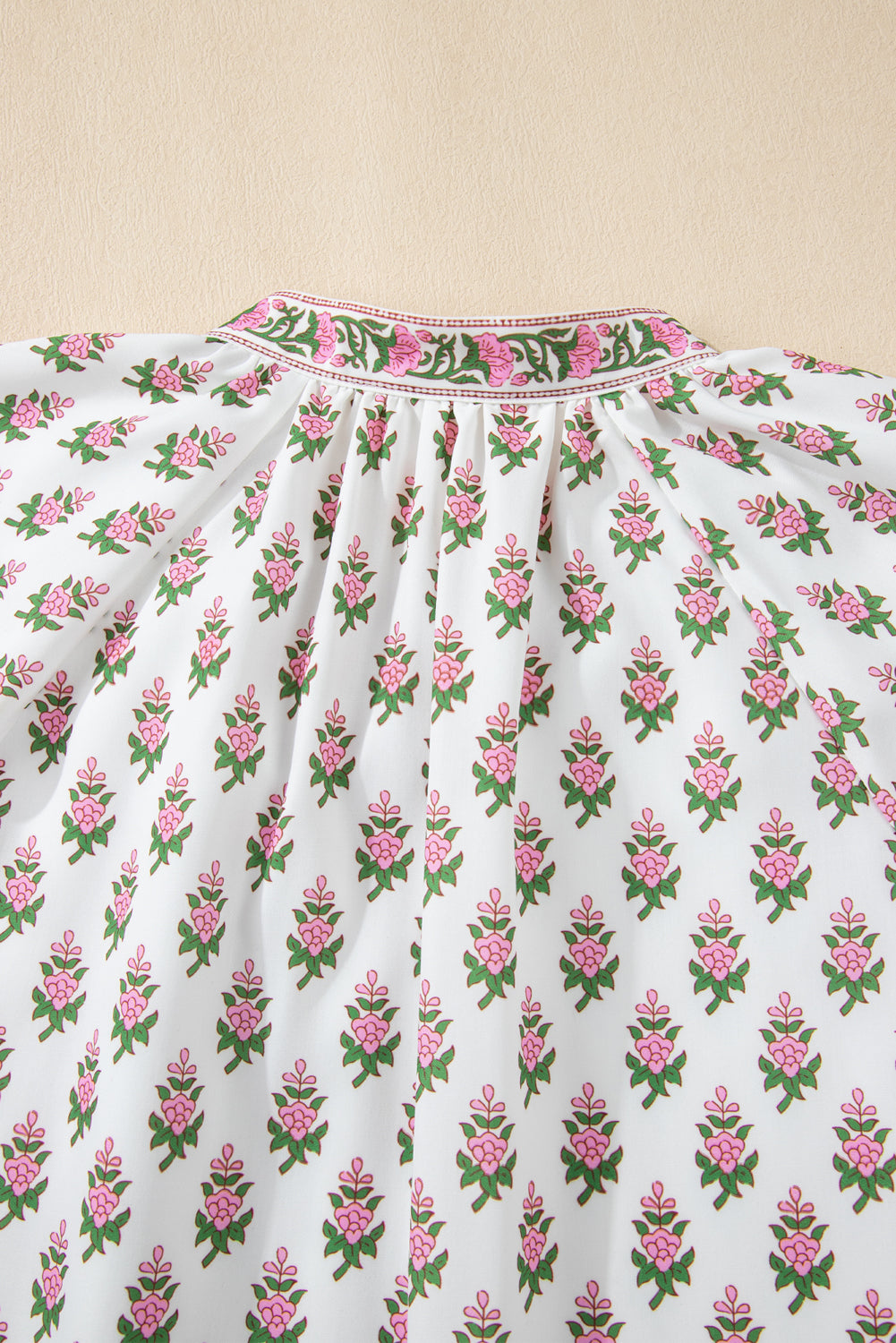Pink Floral Print Bubble Sleeve Neck Tie Ruffled Dress eAura