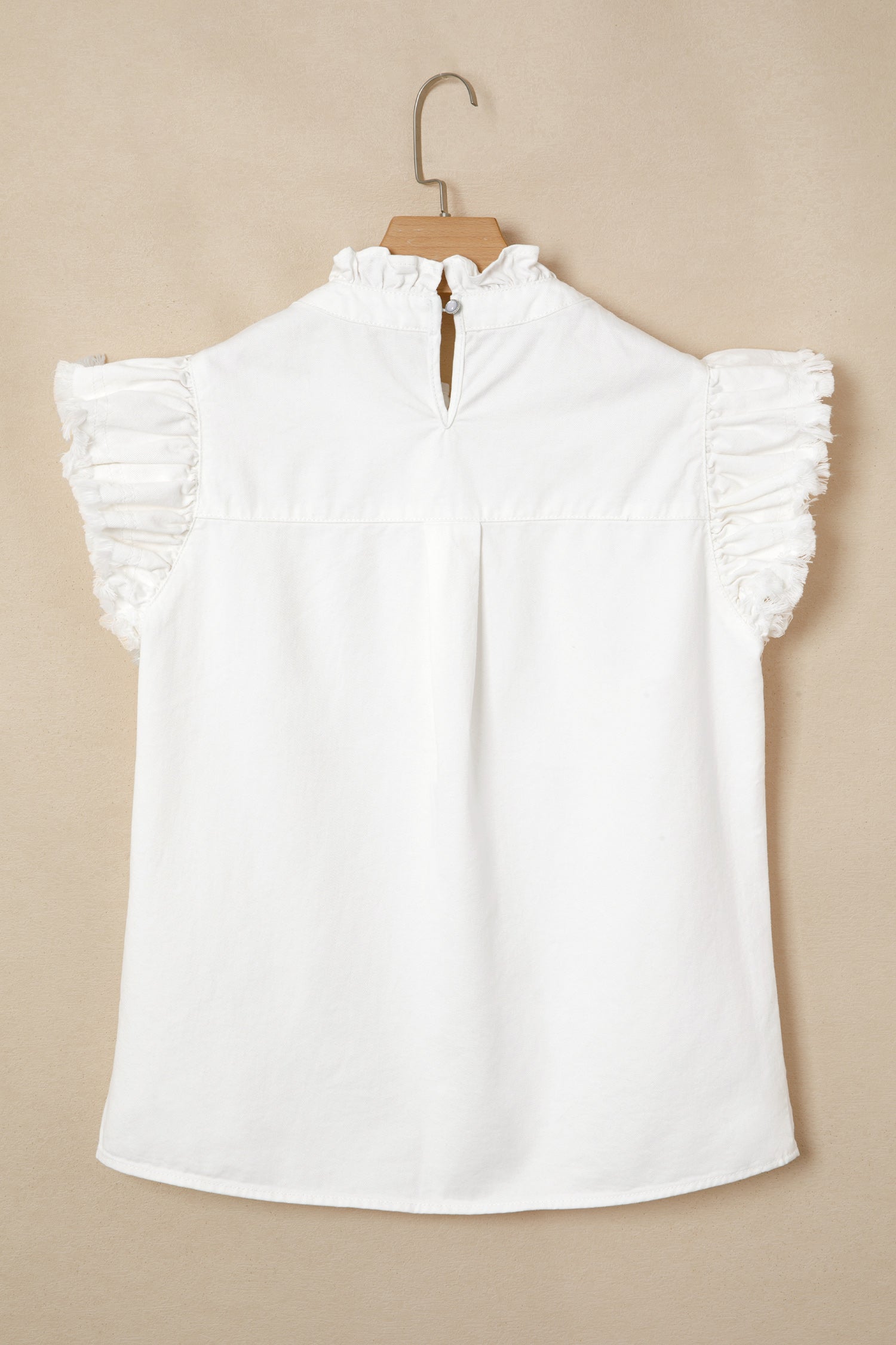 Frilled Collar Flutter Sleeve Denim Top – White