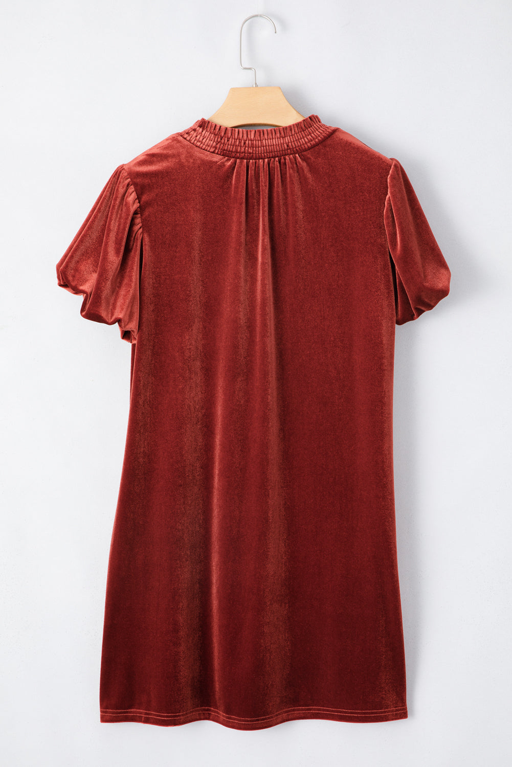 Cinnamon Velvet Smocked Neckline Puff Sleeve Shift Mini Dress eAura