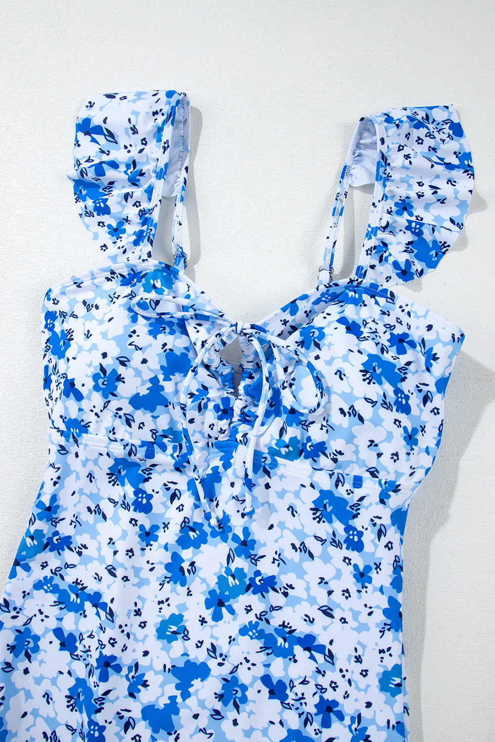 Blue Floral Ruffled Strap Lace-up Hollow Out One Piece Swimsuit eAura